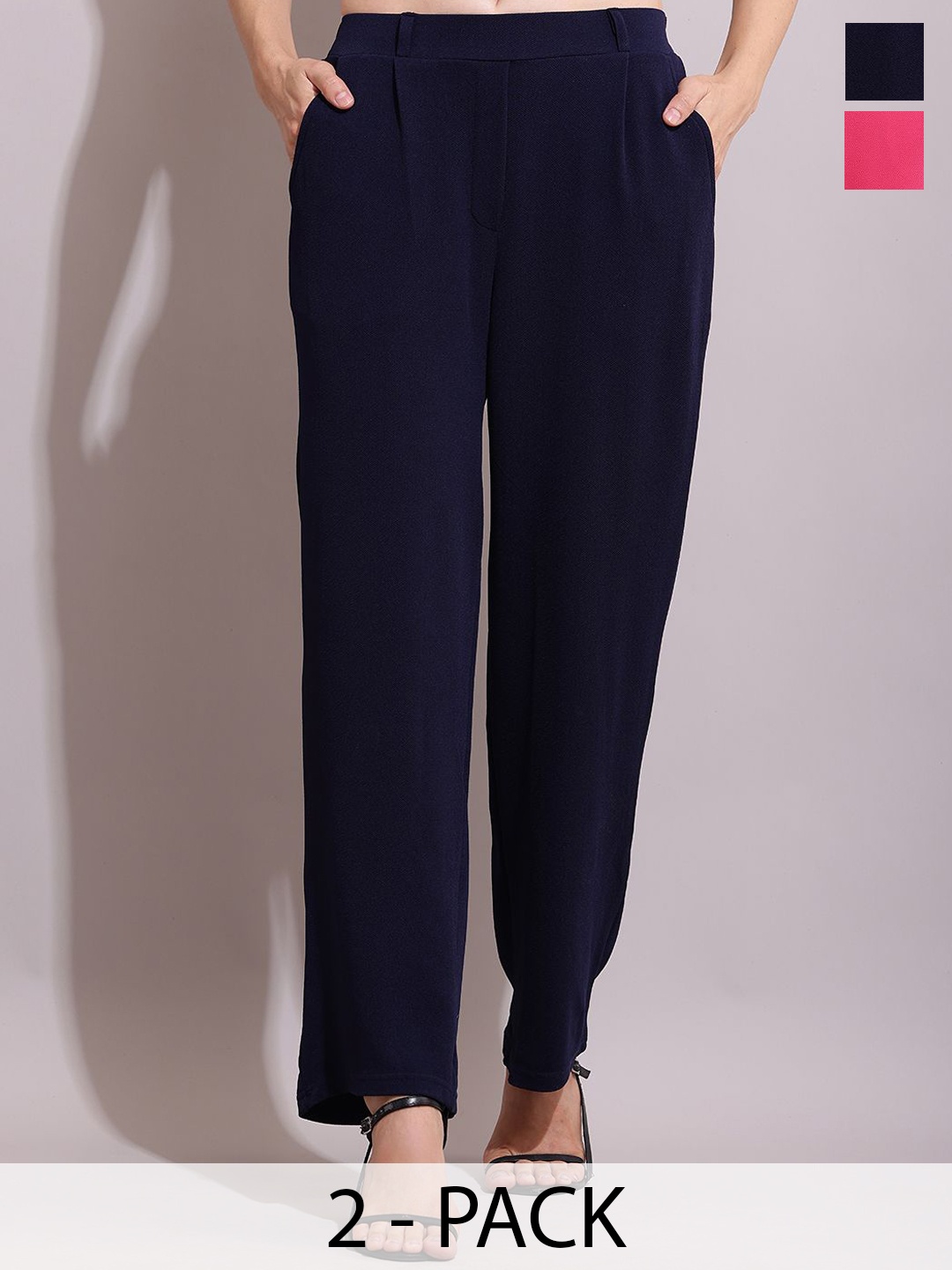

SQew Women Pack of 2 Relaxed Pleated Straight Leg Loose Fit High Rise Easy Wash Trousers, Navy blue