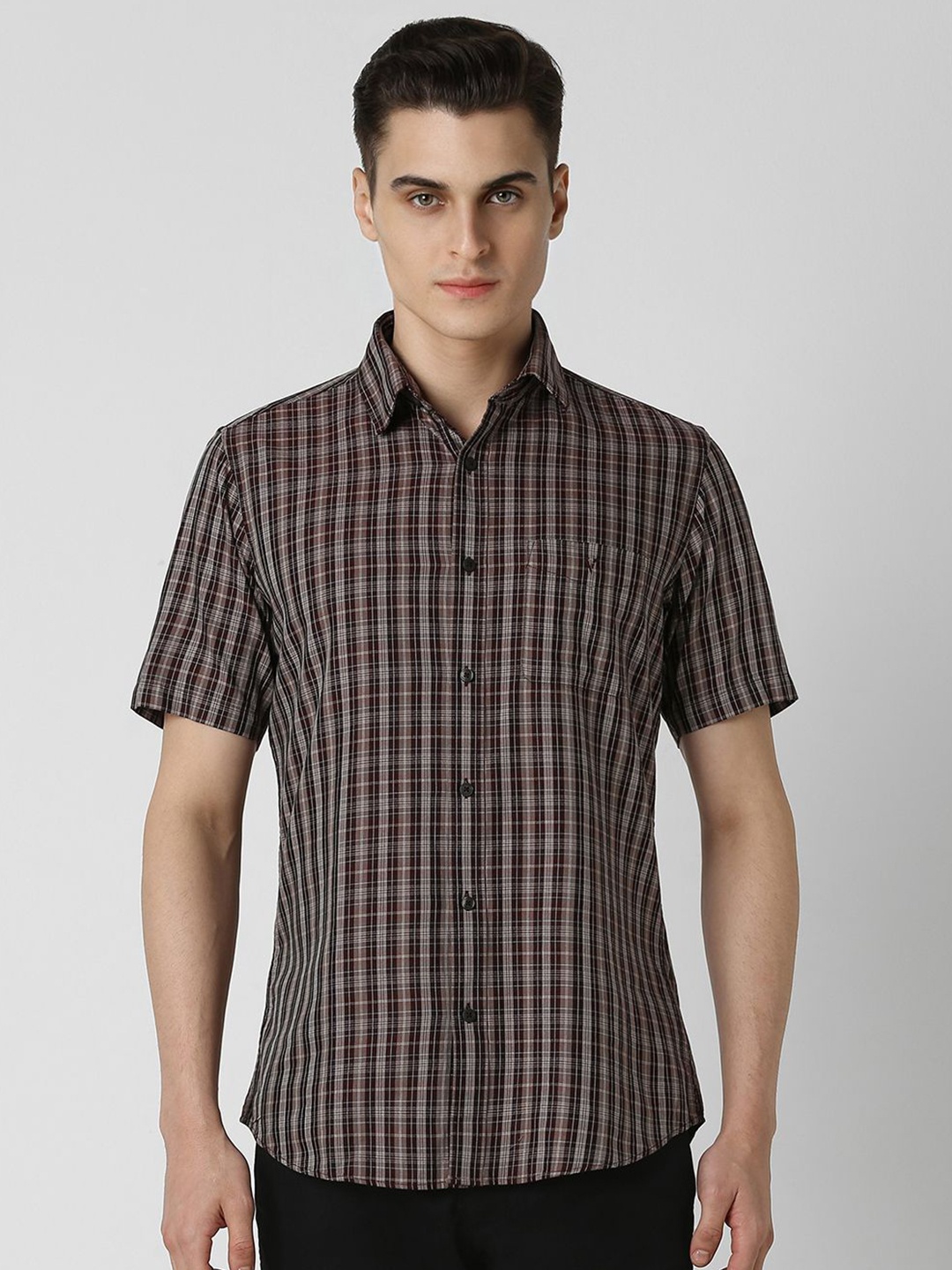 

Van Heusen Sport Men Spread Collar Vertical Stripes Checked Cotton Slim Fit Casual Shirt, Brown