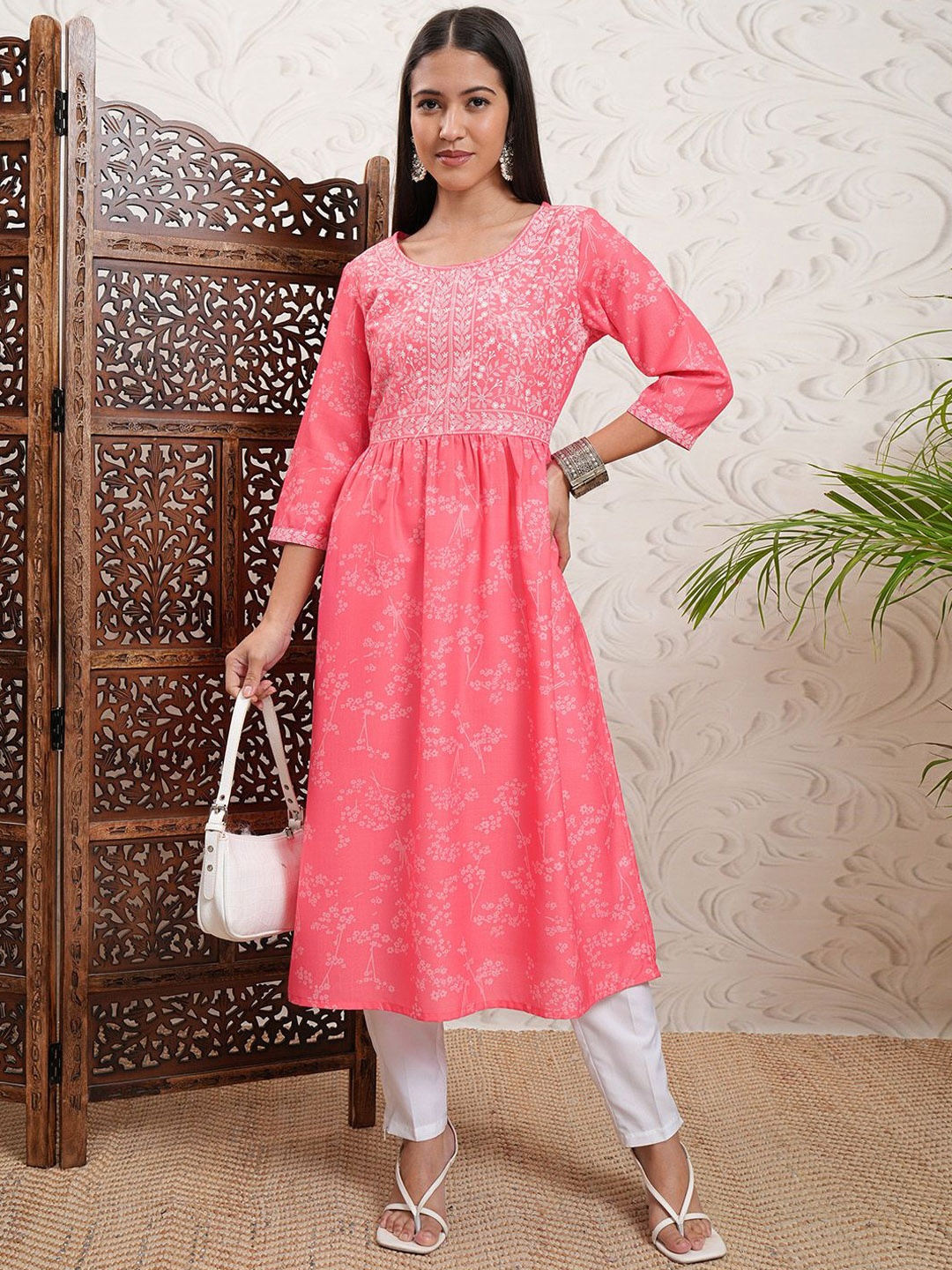 

Vishudh Pink Floral Printed Round Neck Gathered Waist A-Line Kurta