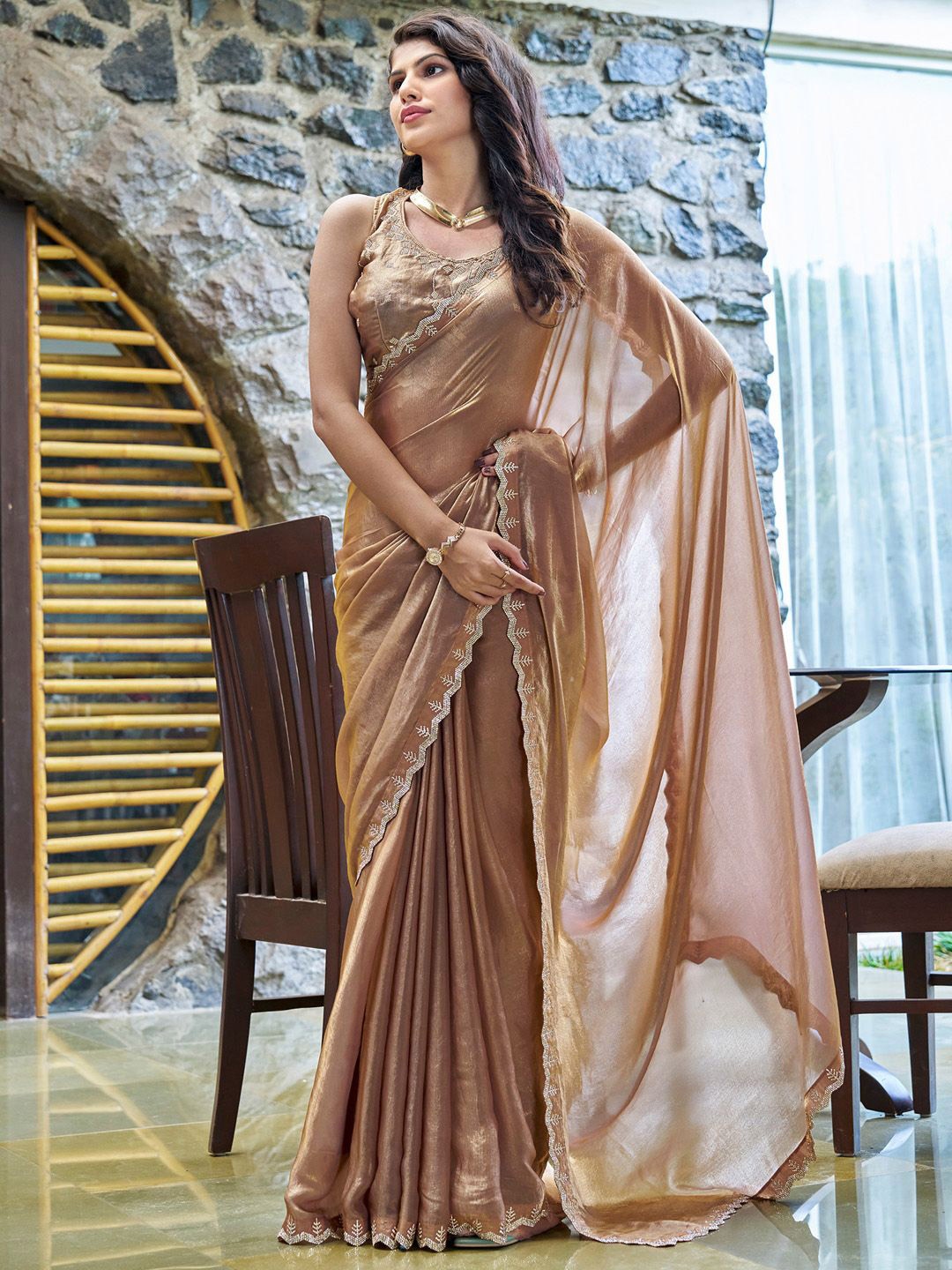

Anouk Embellished Beads and Stones Pure Chiffon Saree, Bronze