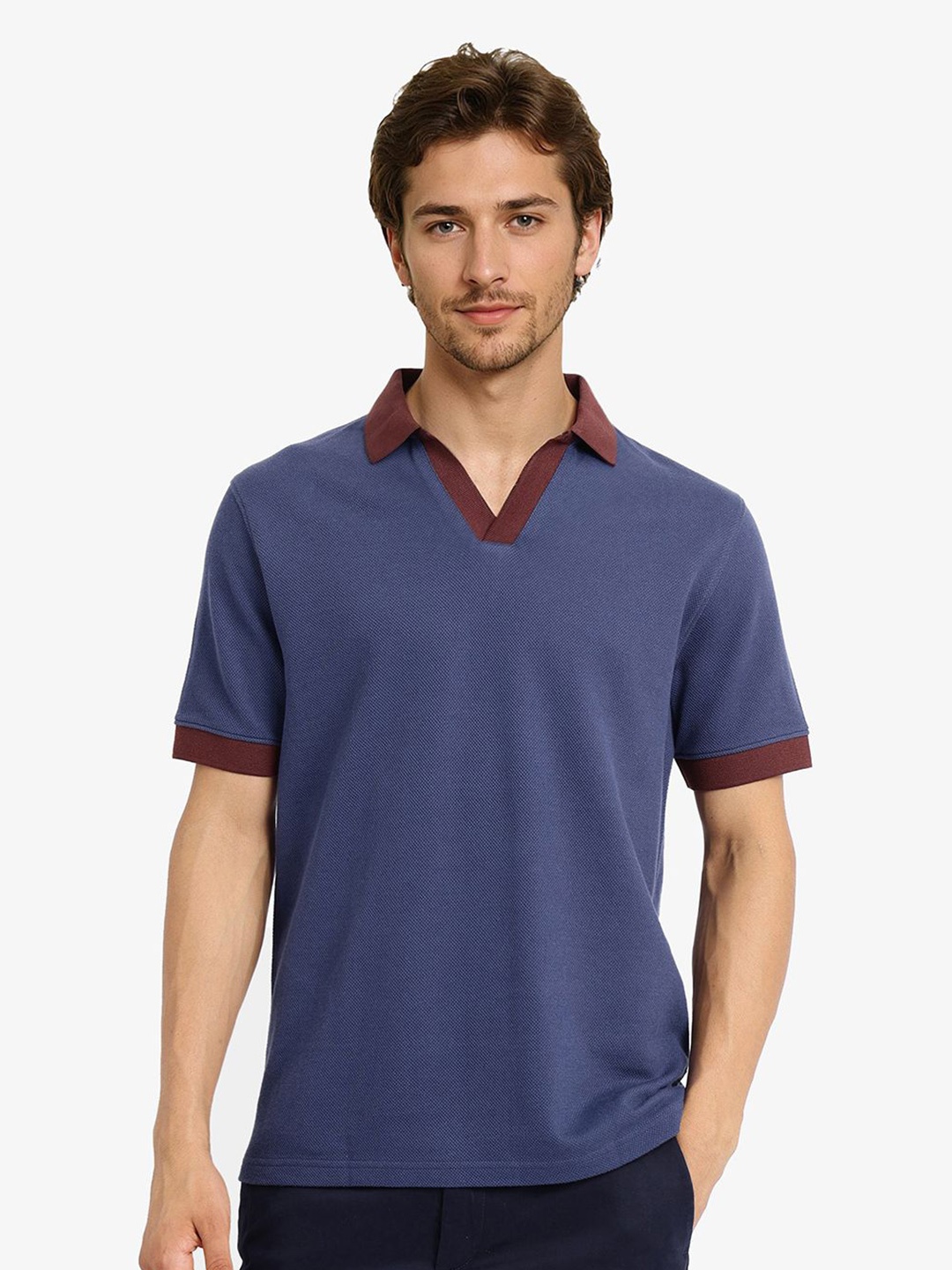 

RARE RABBIT Men Solid Polo Collar Cotton T-shirt, Blue