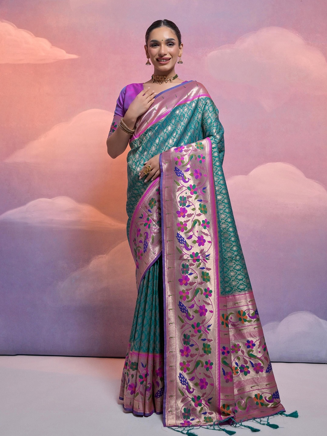 

LeeliPeeri Designer Floral print woven design printed Paithani Saree, Teal