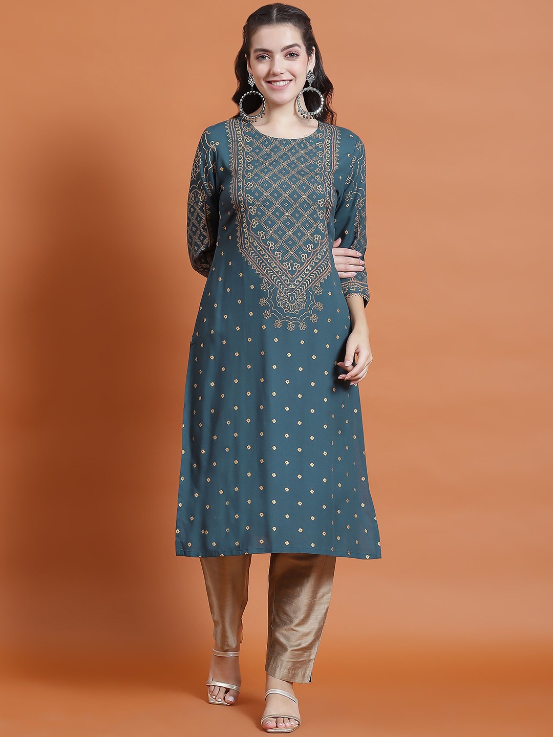 

Shree Ethnic Motifs Printed Round Neck Three-Quarter Sleeves Liva Straight Kurta, Teal