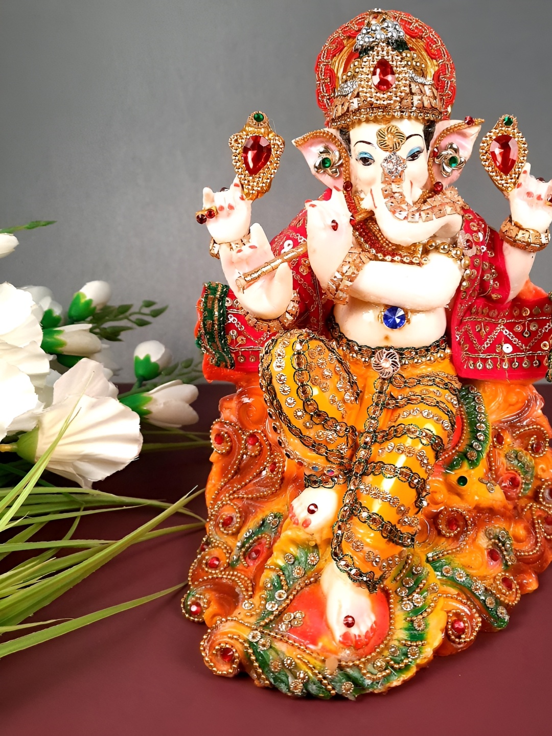 

apka mart White & Orange Colored Beads Work Ganesh Idol Showpiece