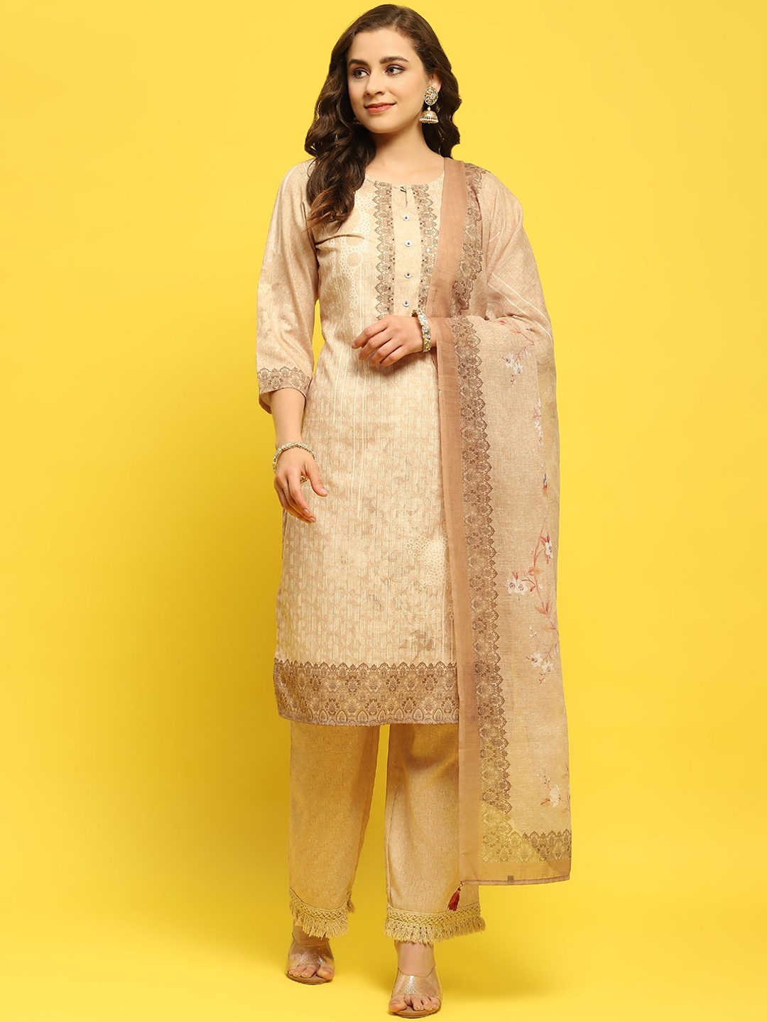 

Shree Floral Printed Keyhole Neck Regular Sequinned Liva Kurta With Trousers & Dupatta, Beige