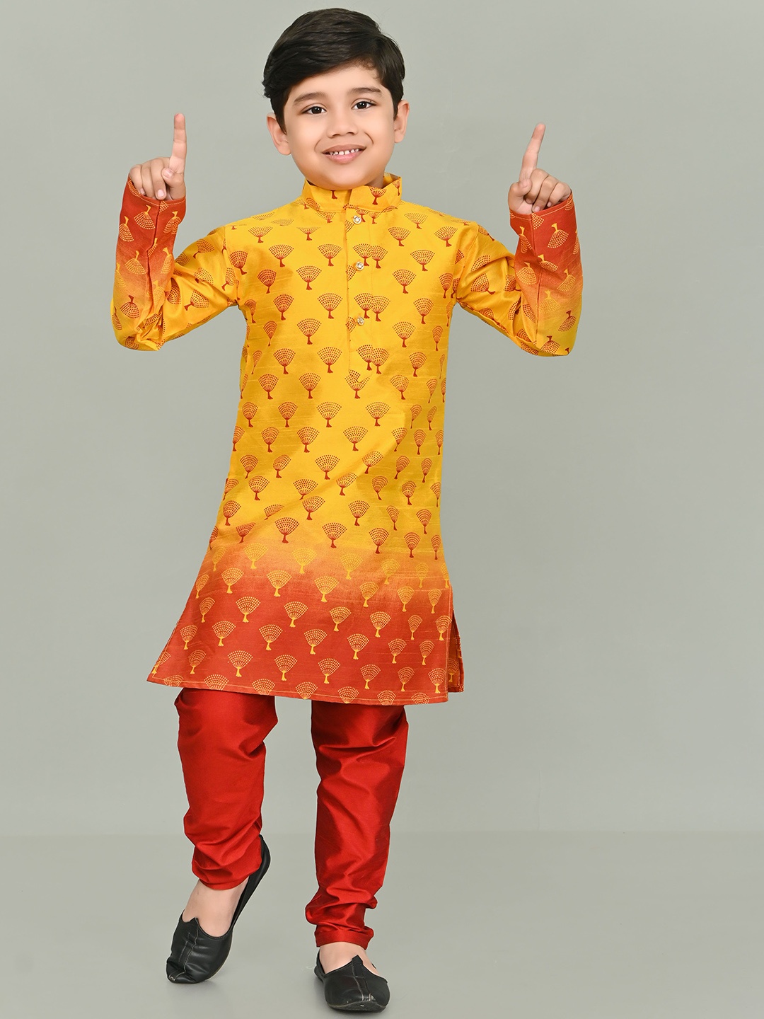 

NFC CREATION Boys Floral Printed Regular Dupion Silk Straight Kurta with Pyjamas, Yellow