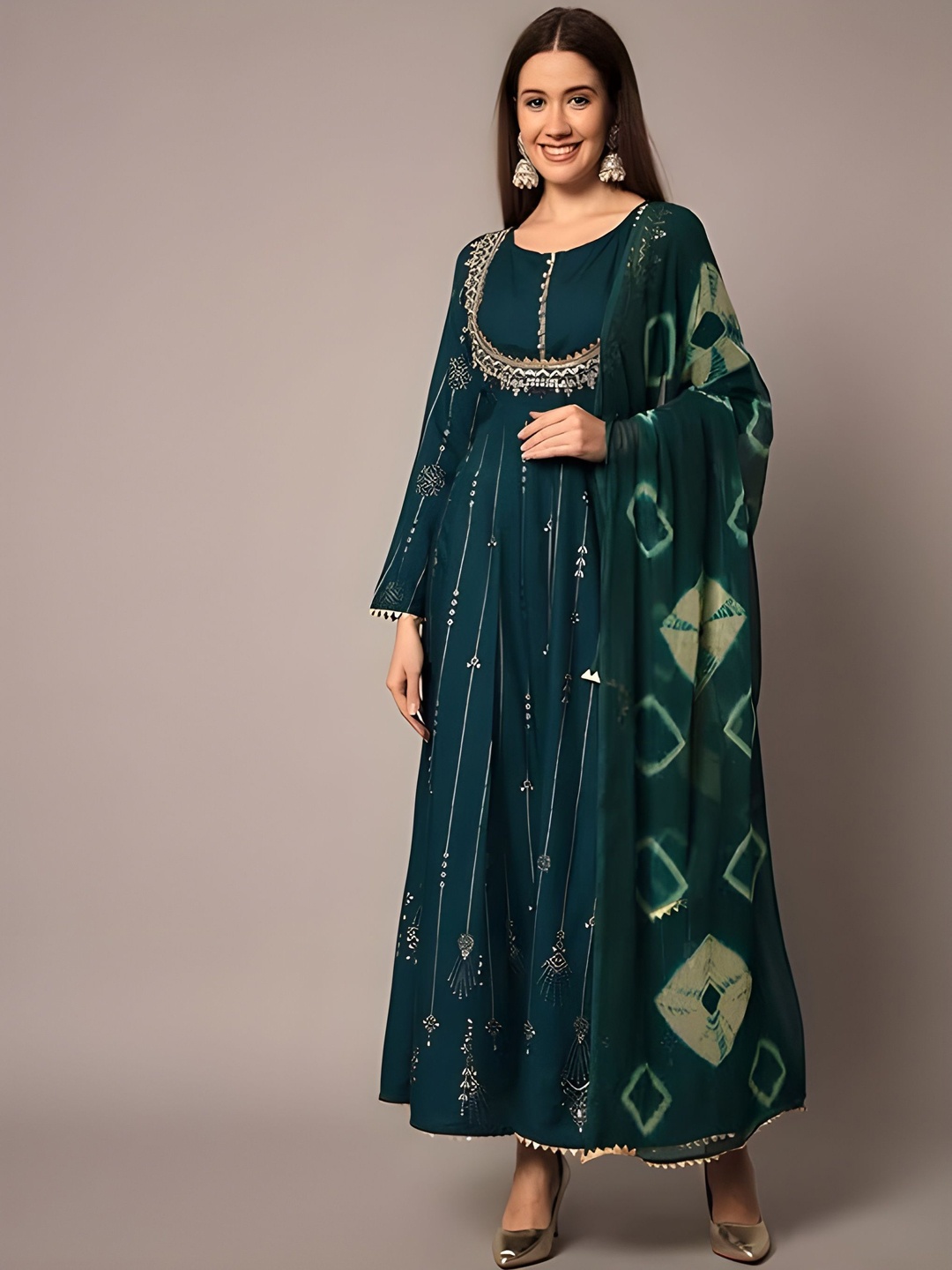 

TOP 2 BOTTOM Ethnic Motifs Printed Zari Anarkali Kurta With Trousers & Dupatta, Green