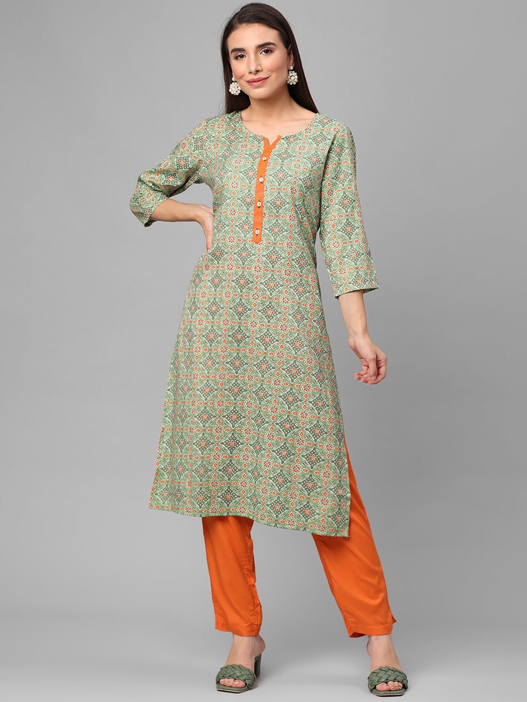 

Shree Ethnic Motifs Printed Cotton Straight Kurta, Green