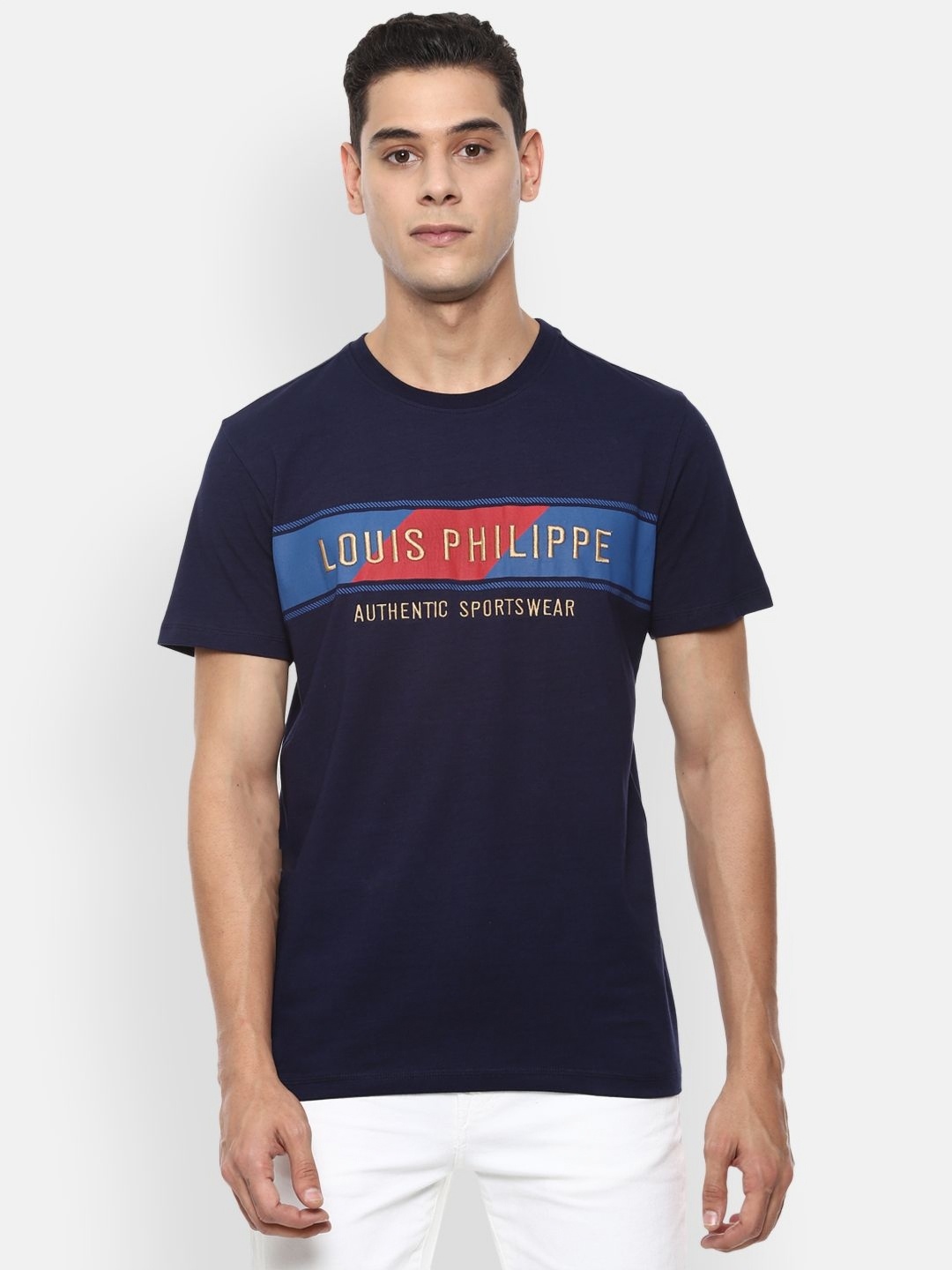 

Louis Philippe Sport Men Typography Printed Round Neck Cotton Slim Fit T-Shirt, Navy blue