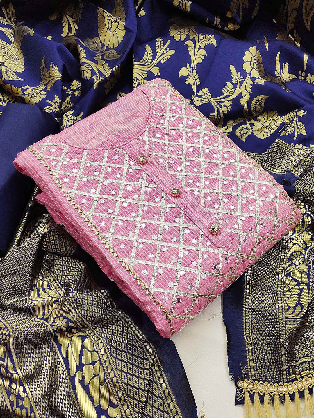 

Ishin Checked Embroidered Mirror Work Pure Cotton Unstitched Dress Material, Pink