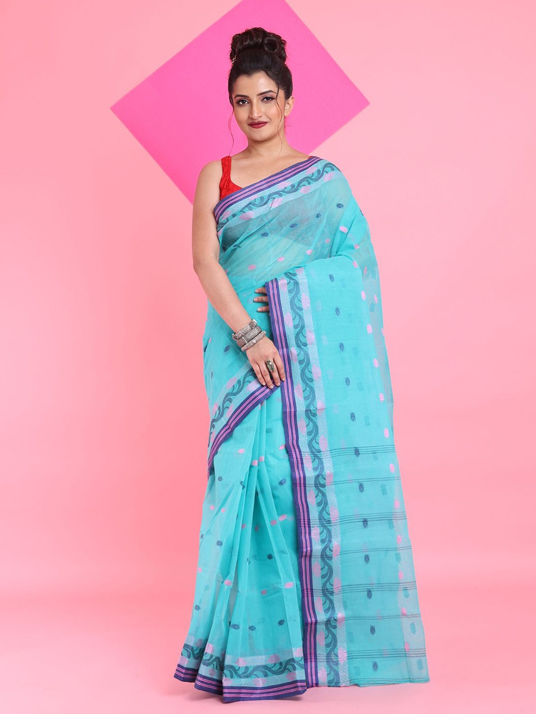 

Arhi Woven Design Pure Cotton Taant Saree, Sea green