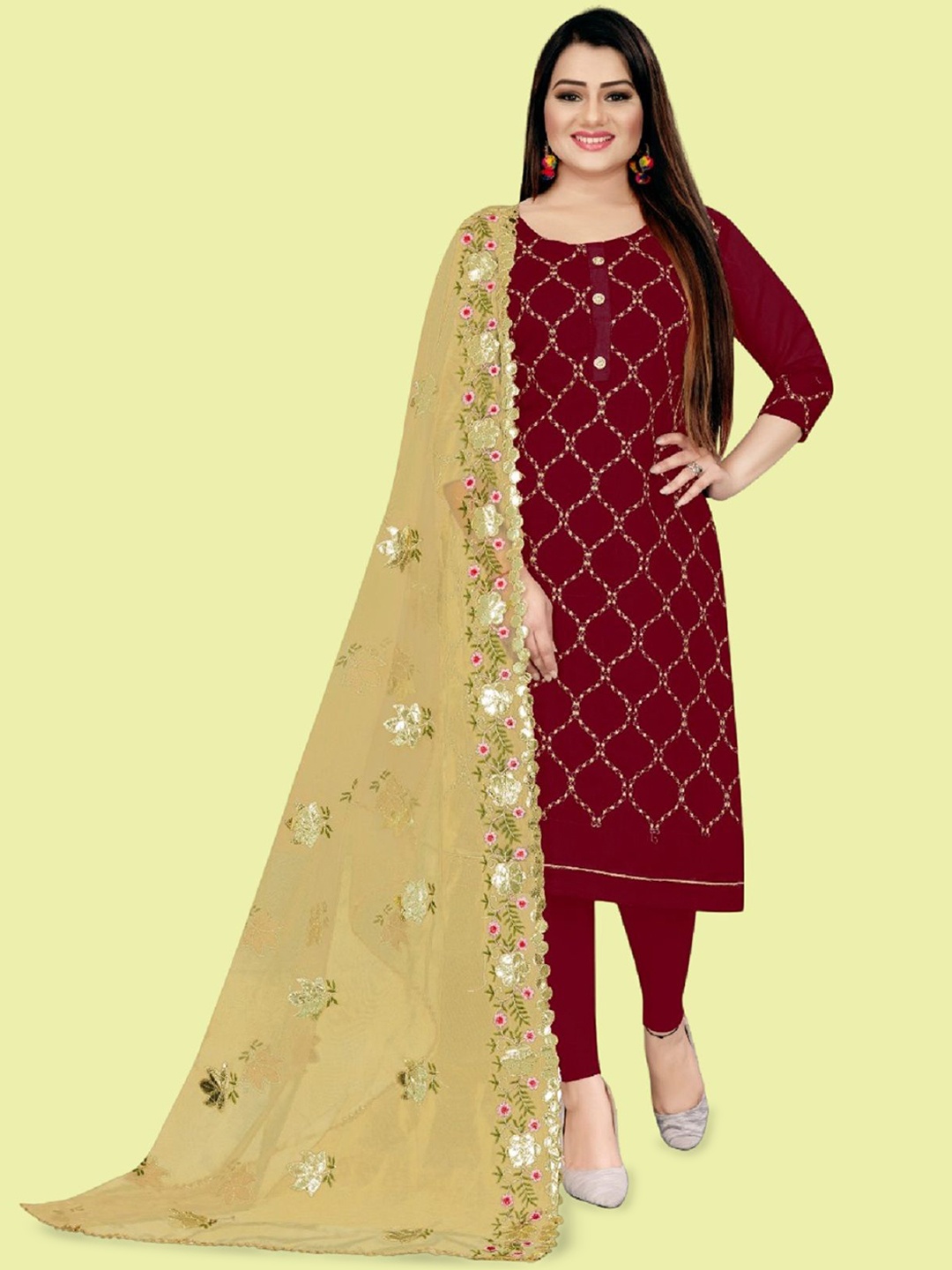 

APNISHA Geometric Embroidered Unstitched Dress Material, Maroon