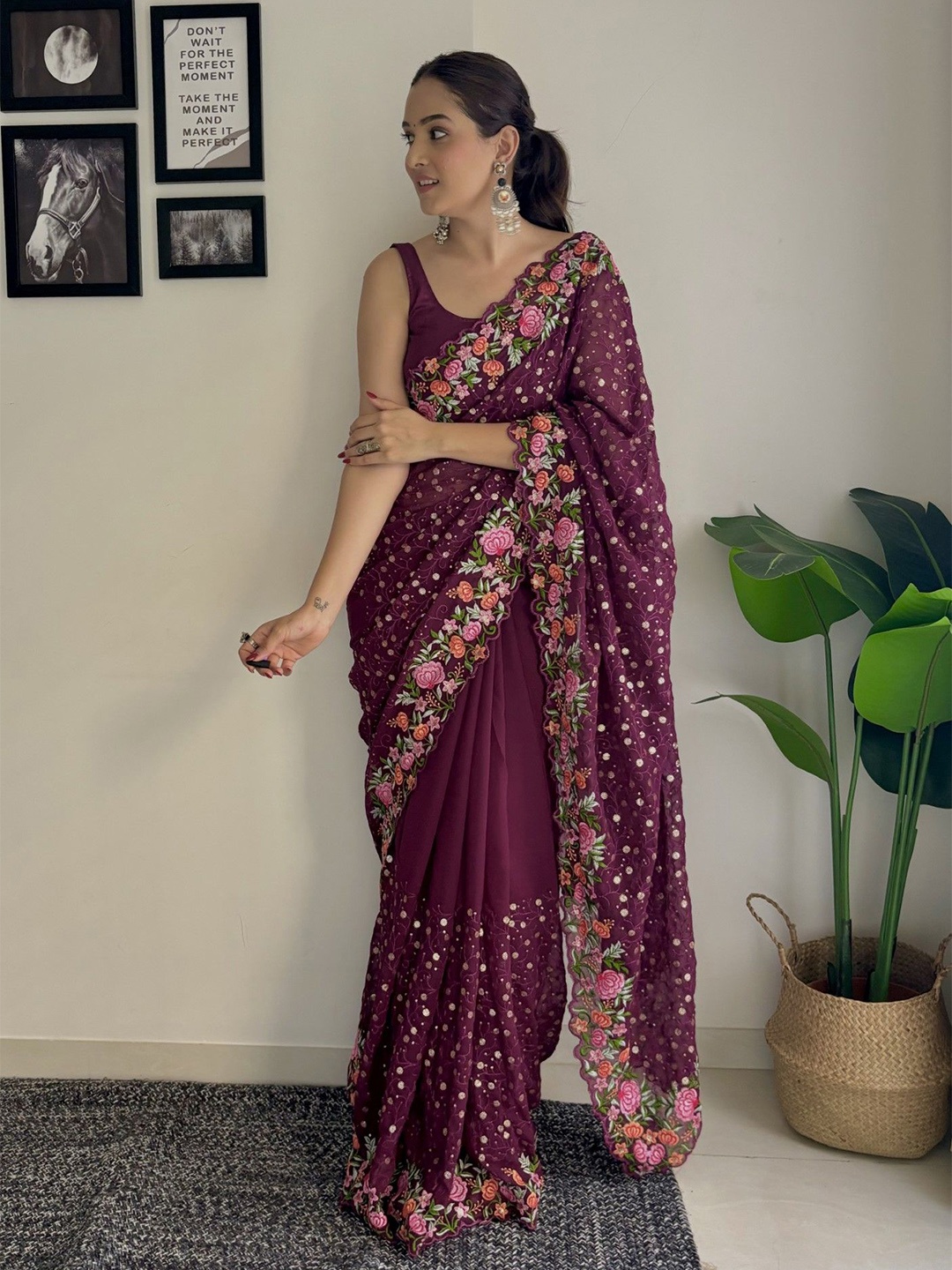 

LeeliPeeri Designer Floral Embroidered Poly Georgette Saree, Purple