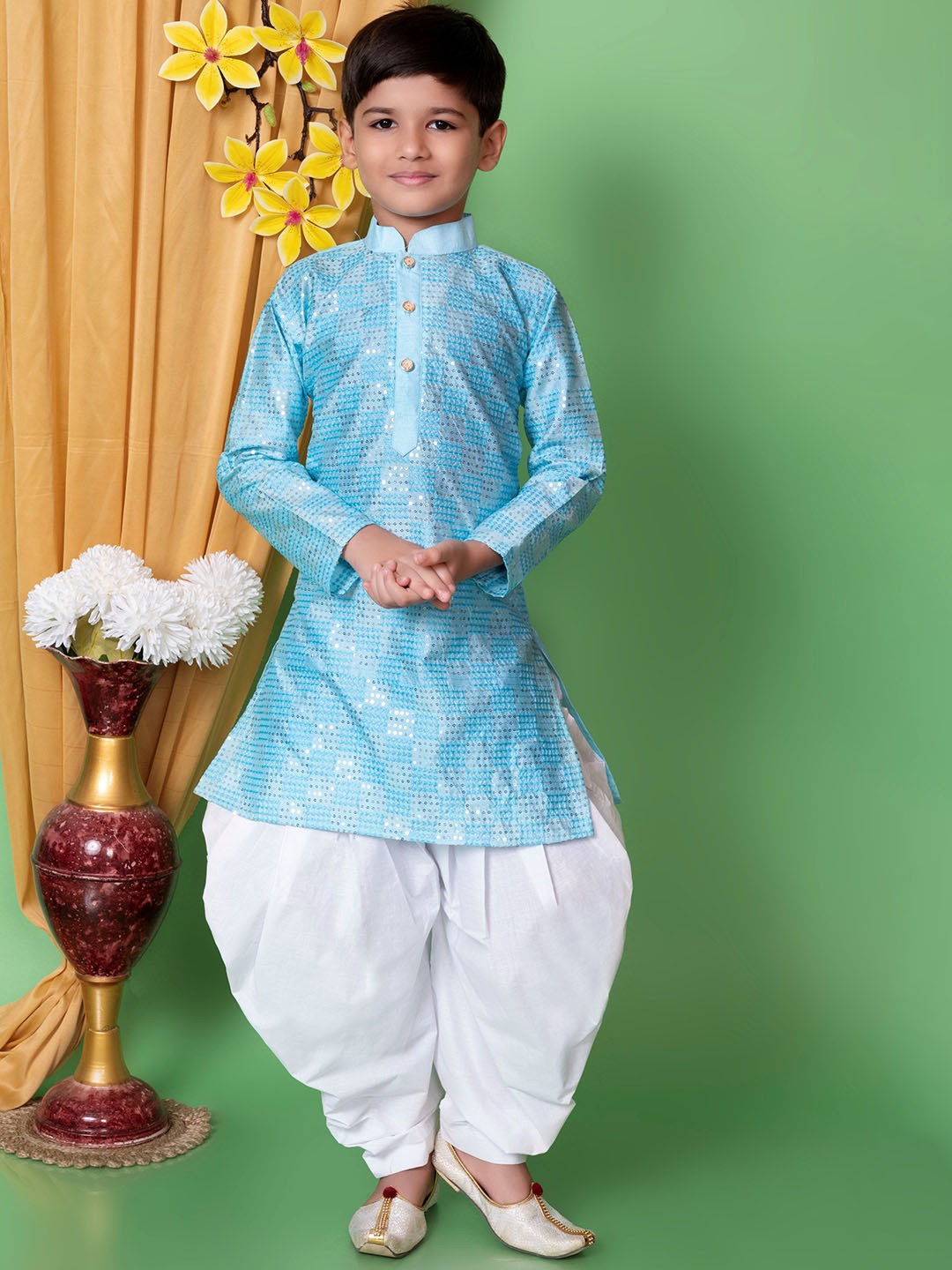 

NFC CREATION Boys Geometric Embroidered Sequinned Kurta with Patiala, Turquoise blue