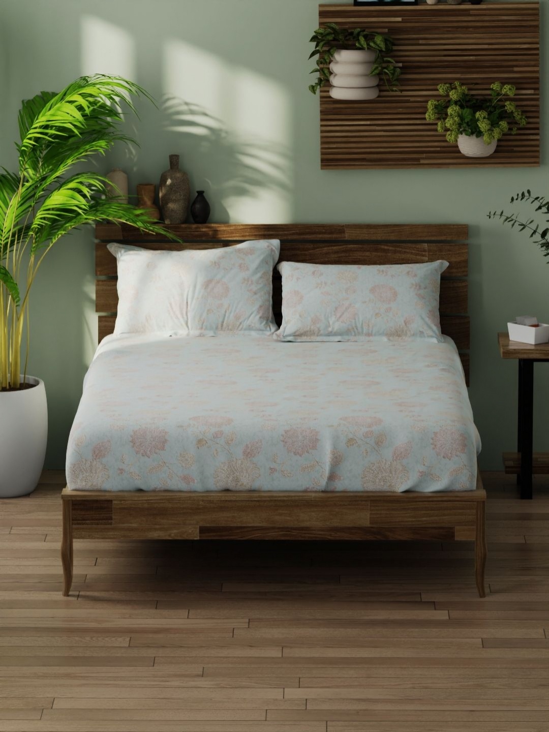 

BIANCA organica Blue & Brown Floral Cotton 180 TC King Bedsheet with 2 Pillow Covers