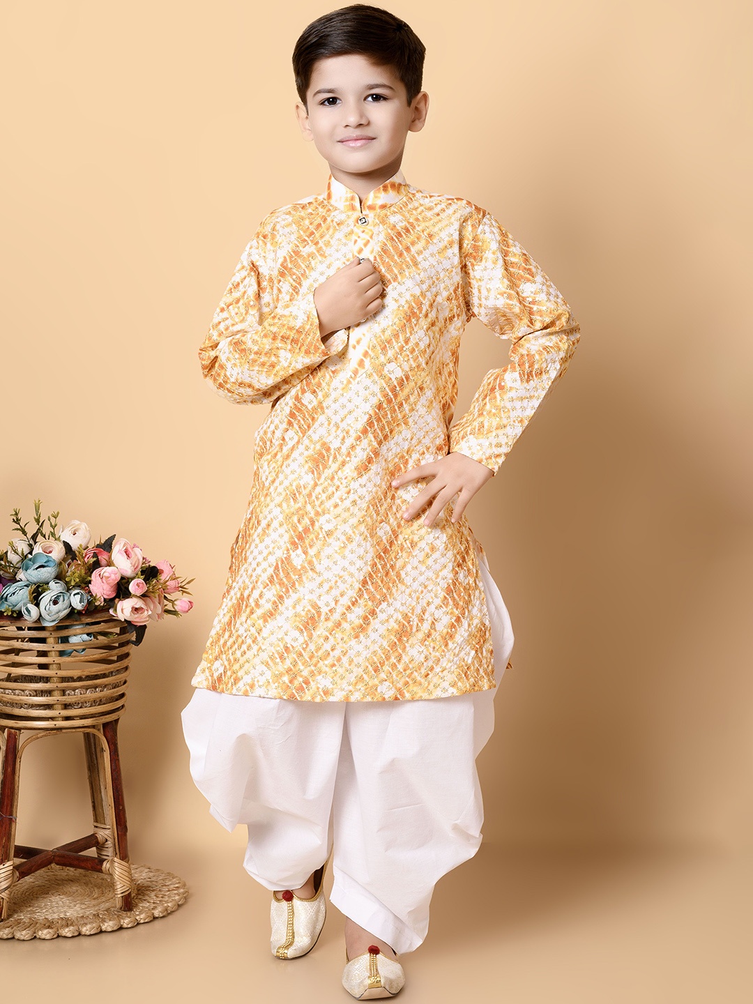 

NFC CREATION Boys Floral Embroidered Straight Sequinned Kurta with Dhoti Pants, Yellow