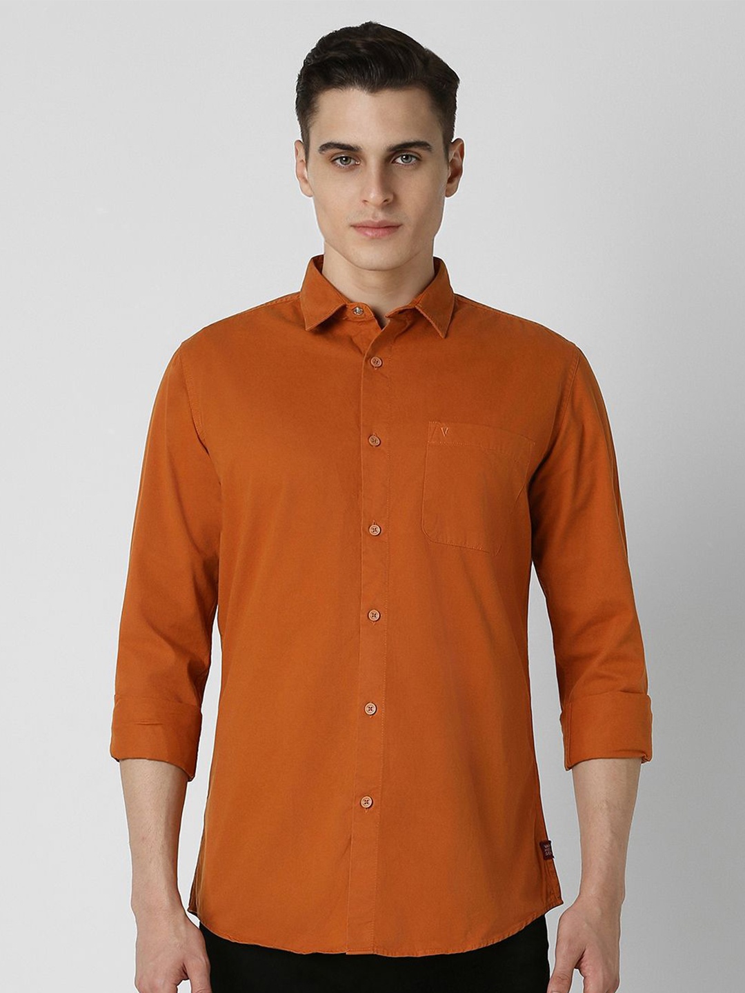 

VAN HEUSEN DENIM LABS Men Spread Collar Solid Cotton Slim Fit Casual Shirt, Orange