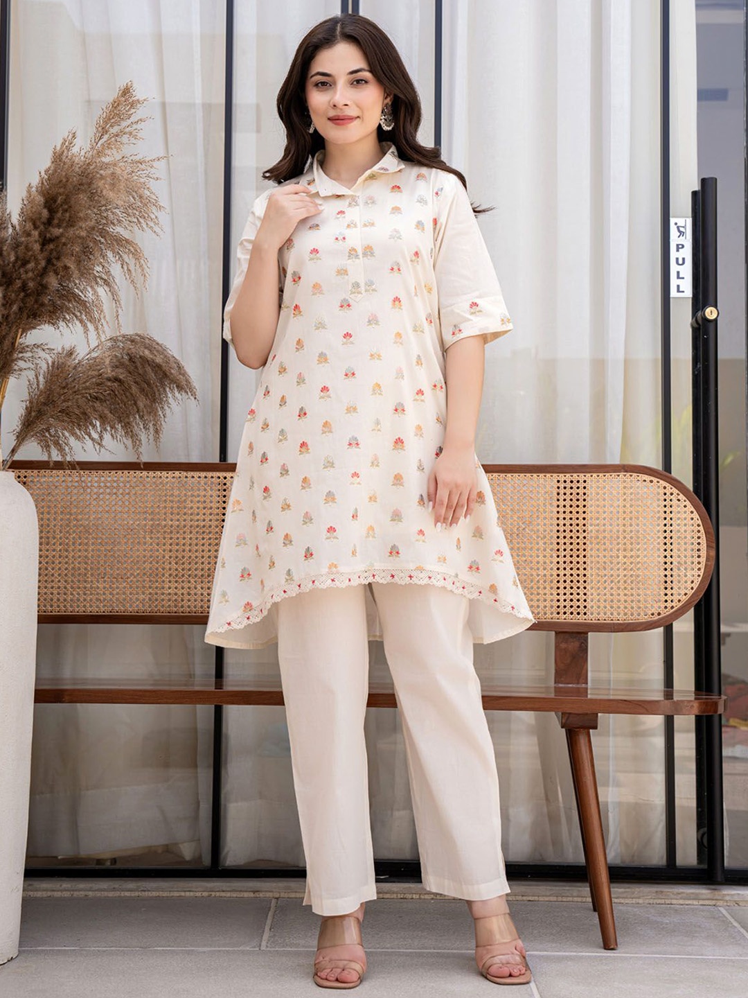 

FASHION DWAR Floral Printed Shirt Collar Pure Cotton Tunic With Trousers, Off white