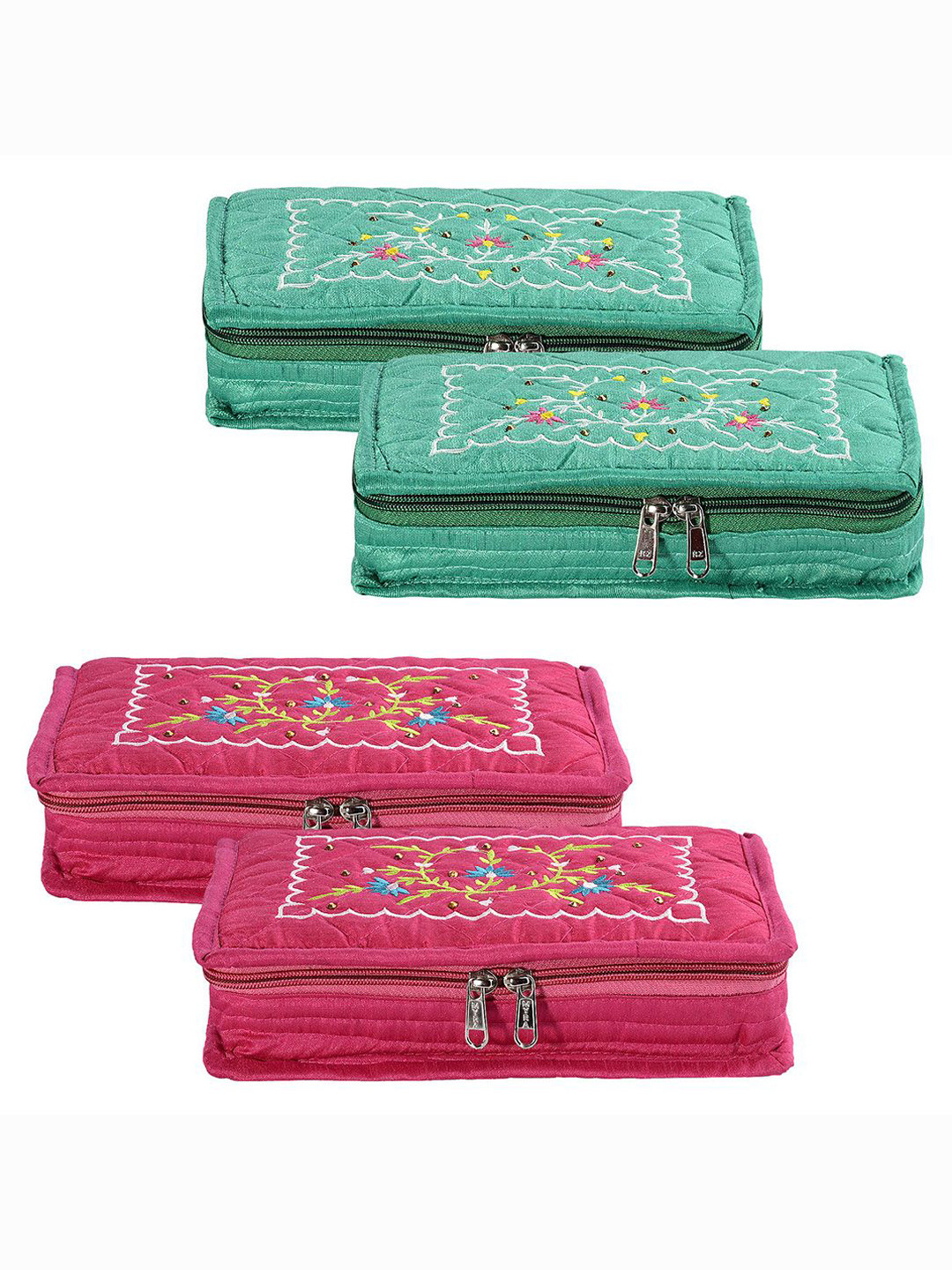 

Kuber Industries Pink & Green 4 Pieces Floral Embroidered Jewellery Organisers
