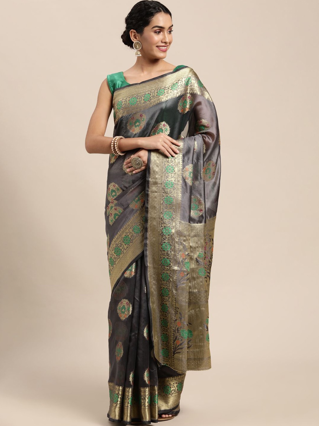 

KIMISHA Floral Zari Organza Kanjeevaram Saree, Grey