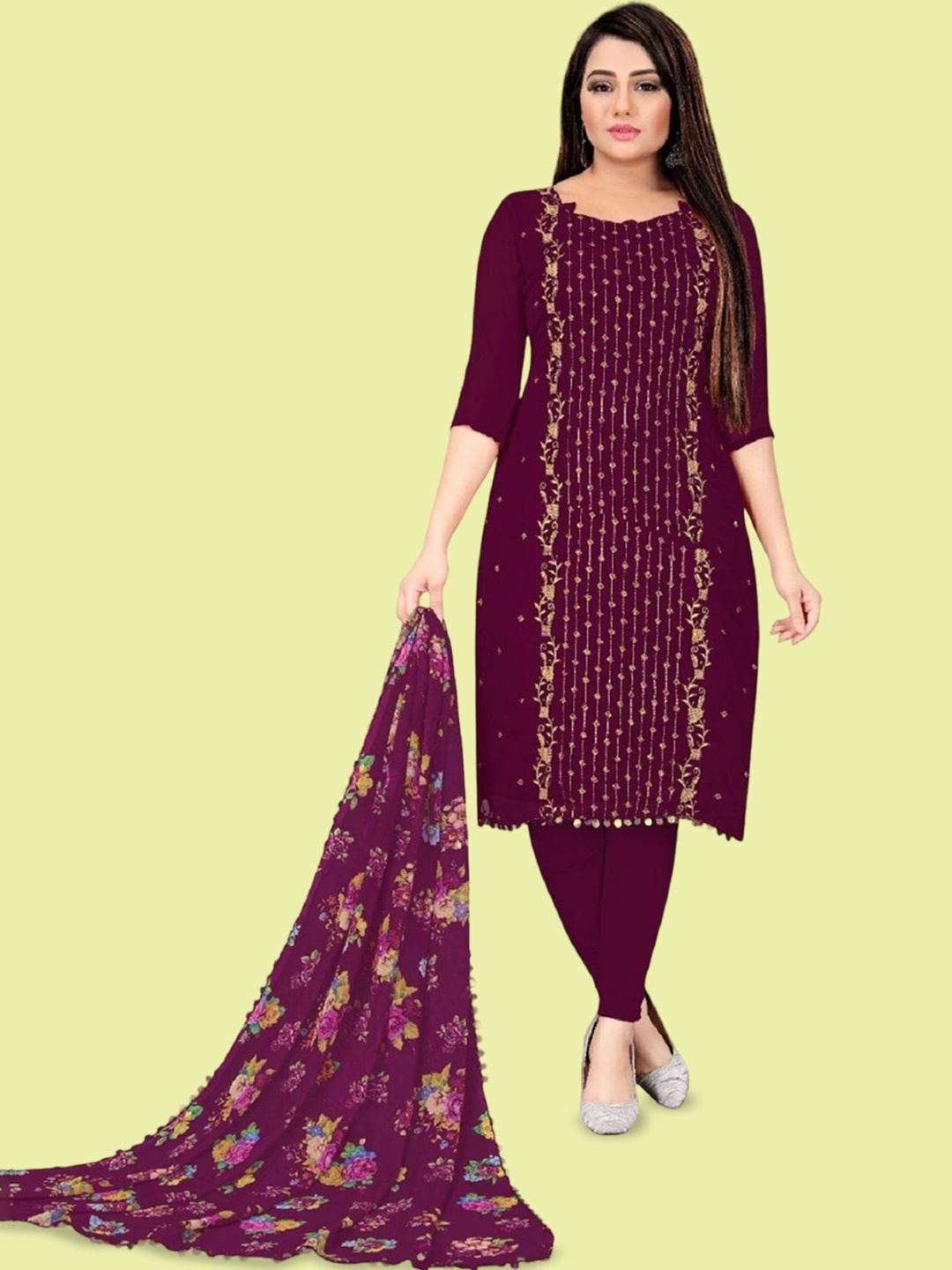 

APNISHA Floral Embroidered Thread Work Silk Georgette Unstitched Dress Material, Purple