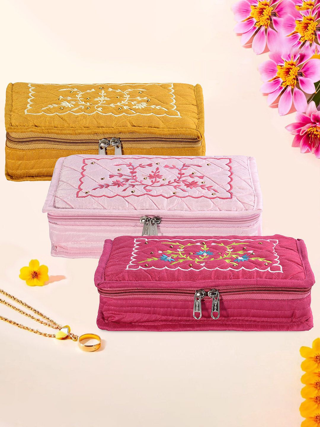 

Kuber Industries Yellow & Magenta 3 Pieces Self Design Jewellery Organisers