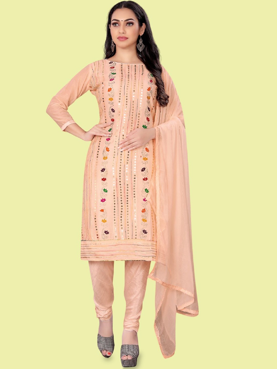 

APNISHA Floral Embroidered Sequinned Unstitched Dress Material, Peach