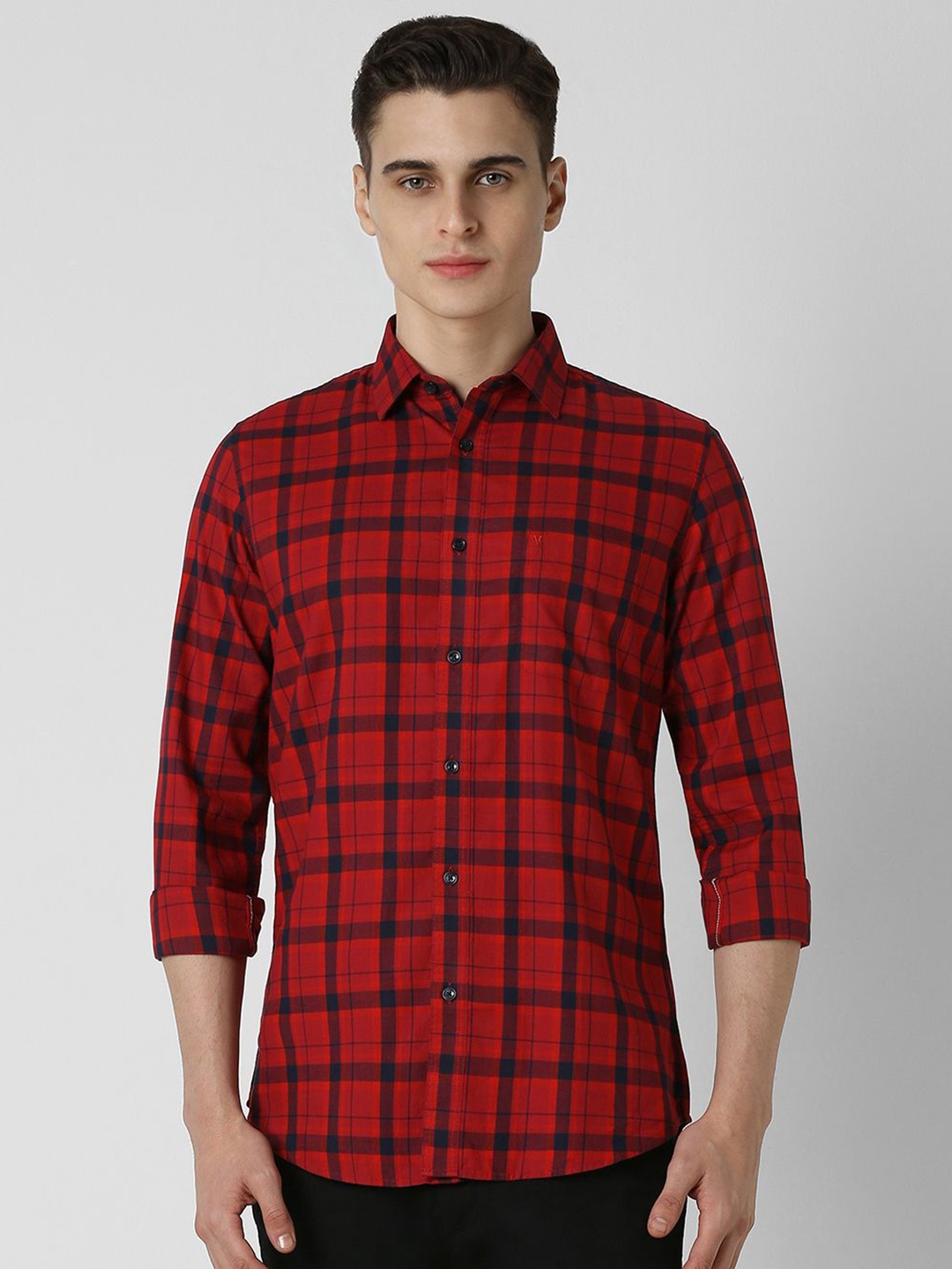 

Van Heusen Sport Men Spread Collar Tartan Checked Cotton Slim Fit Casual Shirt, Red