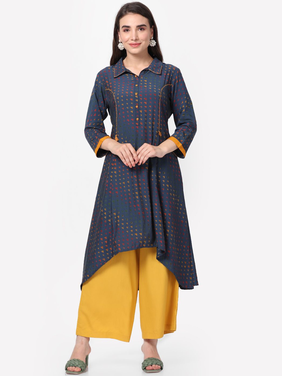 

Shree Geometric Printed Thread Work Shirt Collar High-Low A-Line Kurta, Navy blue