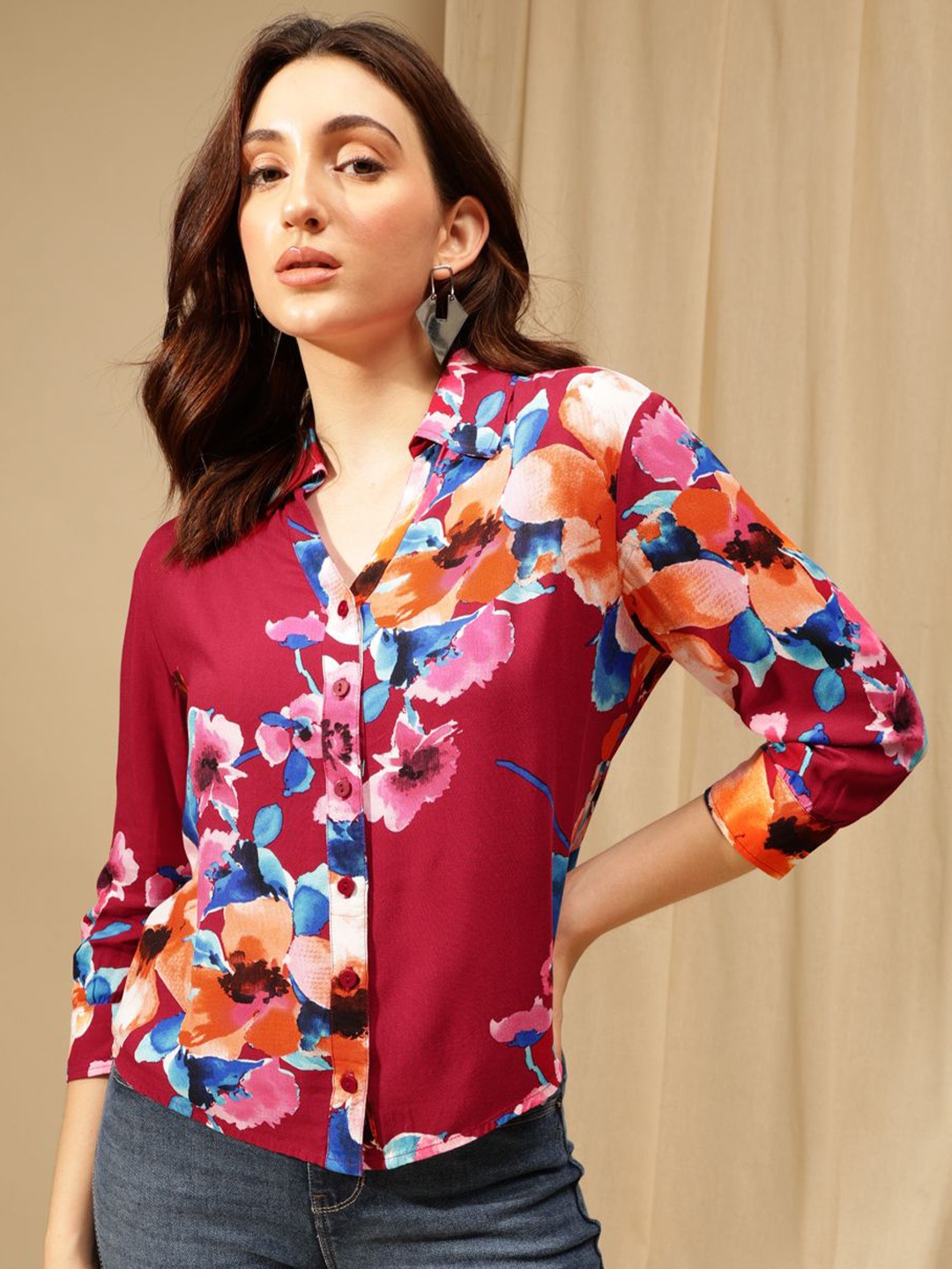 

Xpose Women Comfort Spread Collar Floral Printed Casual Shirt, Red