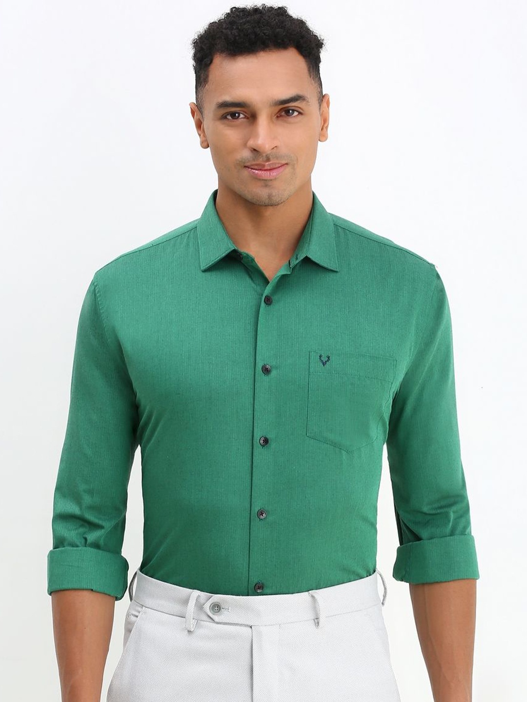 

Allen Solly Men Spread Collar Solid Cotton Slim Fit Formal Shirt, Green