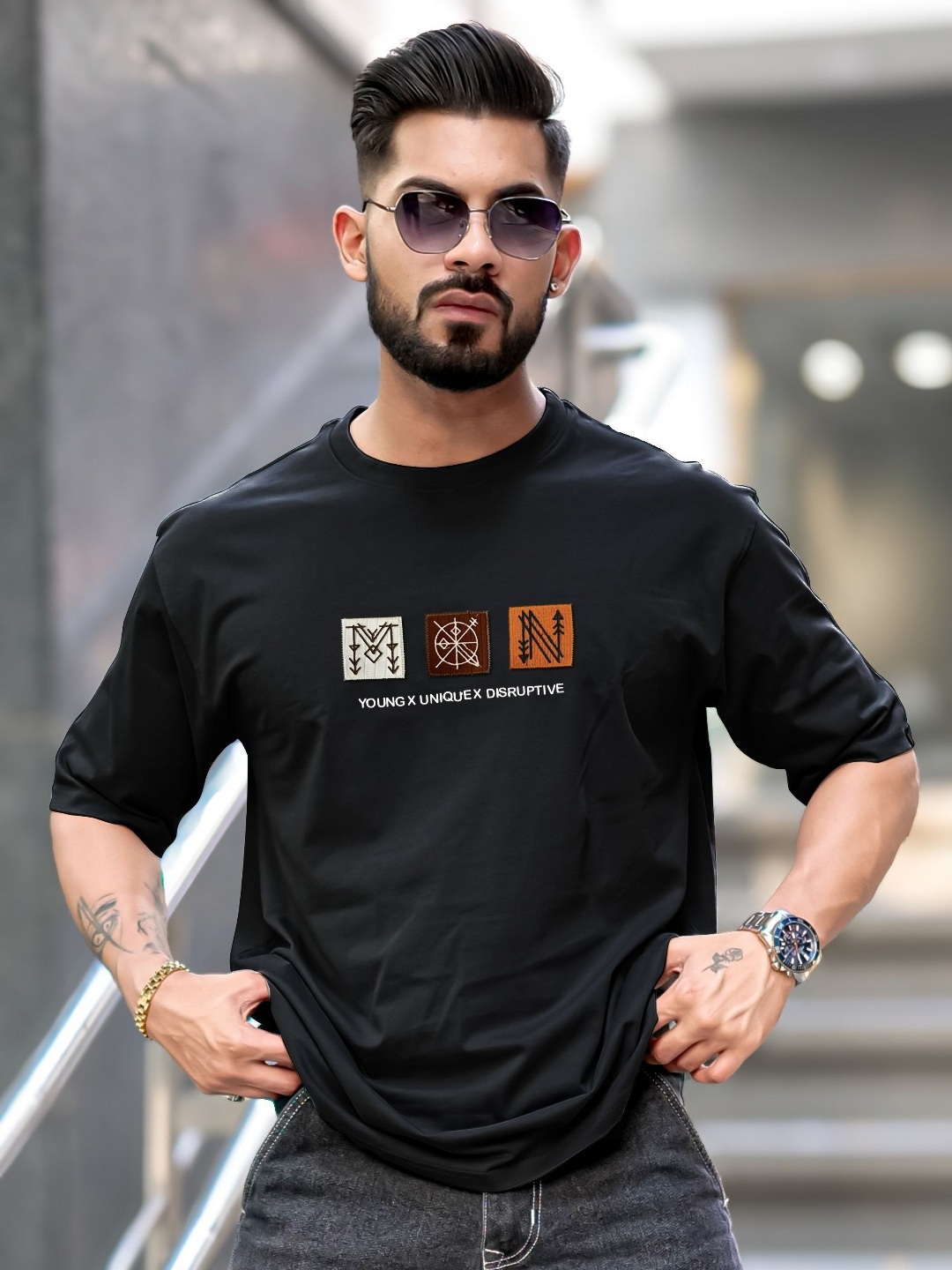 

Maniac Men Typography Printed Round Neck Cotton Oversized T-Shirt, Black