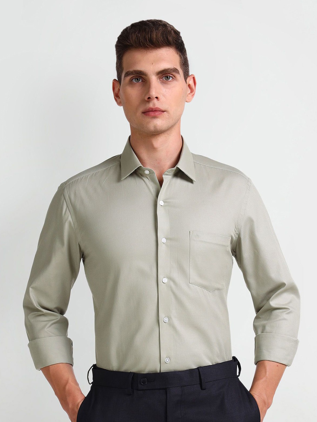 

Arrow Men Smart Spread Collar Solid Cotton Slim Fit Formal Shirt, Green