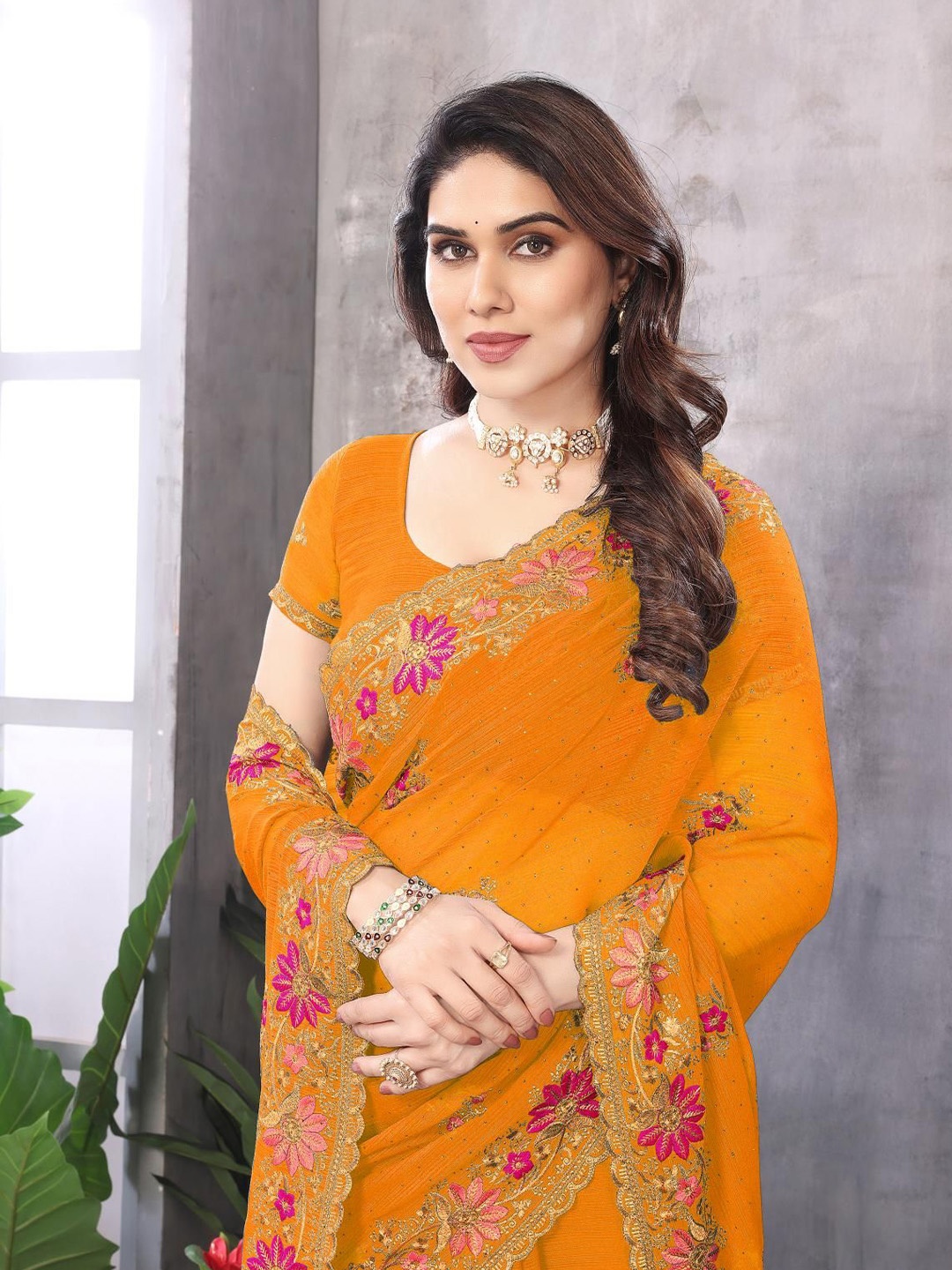 

KHRITI FAB Floral Embroidered Pure Georgette Saree, Mustard
