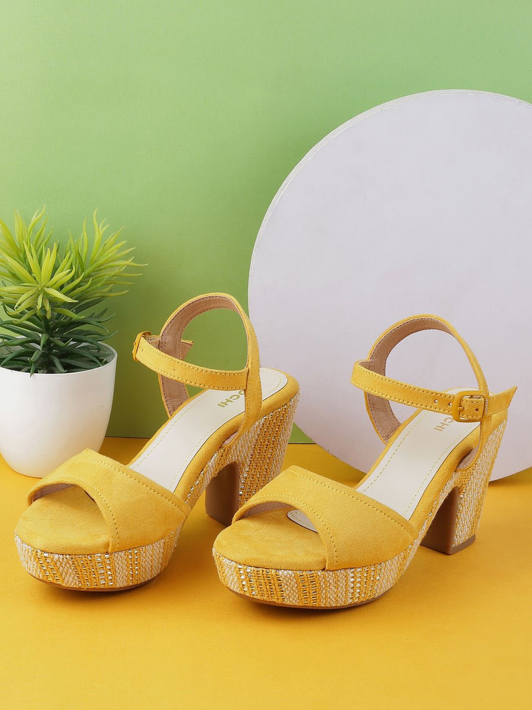 

Mochi Women Colourblocked Block Sandals with Buckles, Yellow