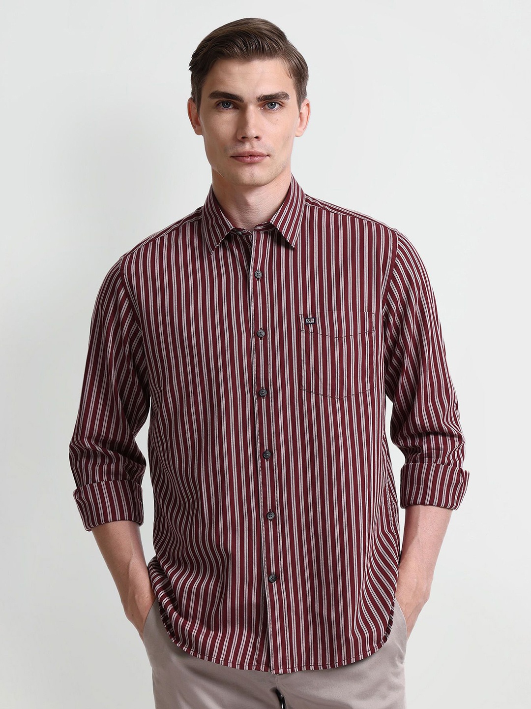 

Arrow Men Modern Spread Collar Striped Cotton Slim Fit Casual Shirt, Red