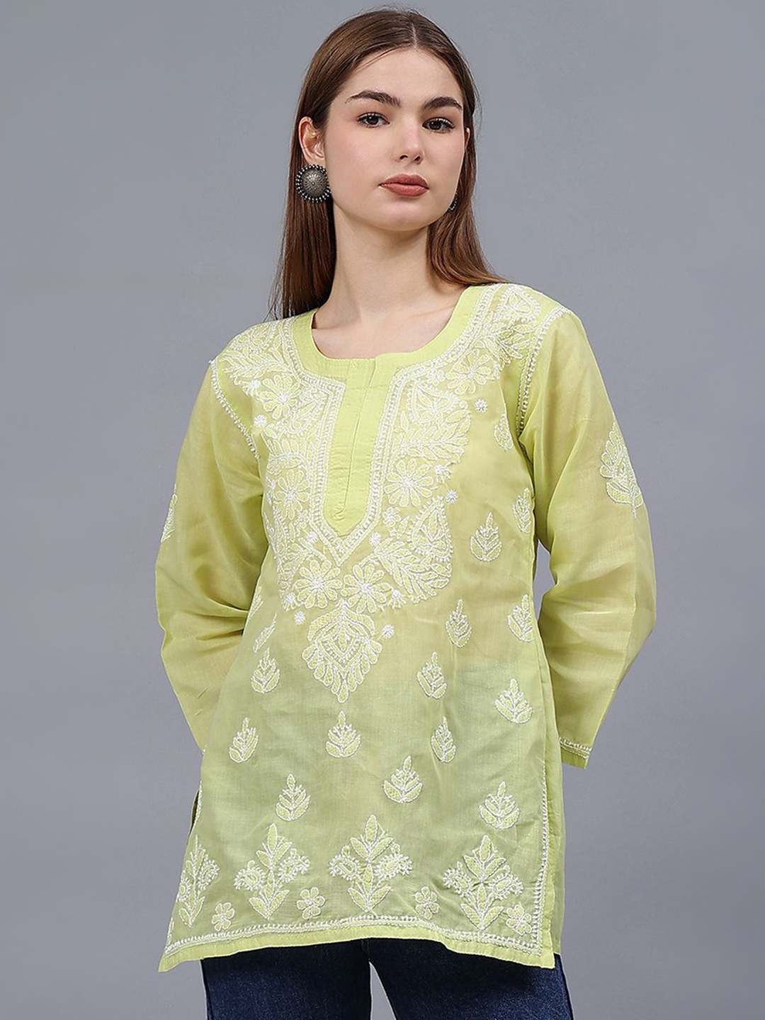 

Seva Chikan Ethnic Motifs Embroidered Chikankari Handloom Chikankari Kurti, Green
