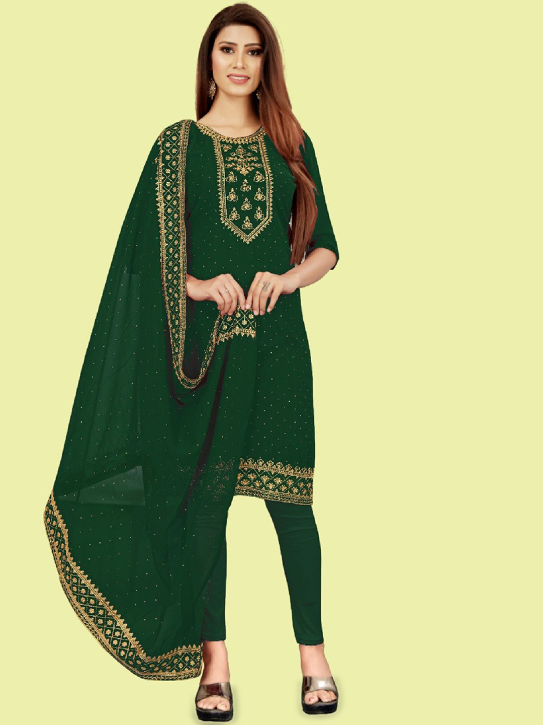 

APNISHA Ethnic Motifs Embroidered Thread Work Silk Georgette Unstitched Dress Material, Green