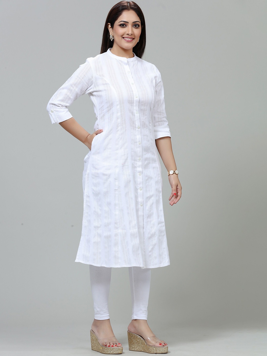 

COTTON CULTURE Striped Mandarin Collar Cotton A Line Kurta, White