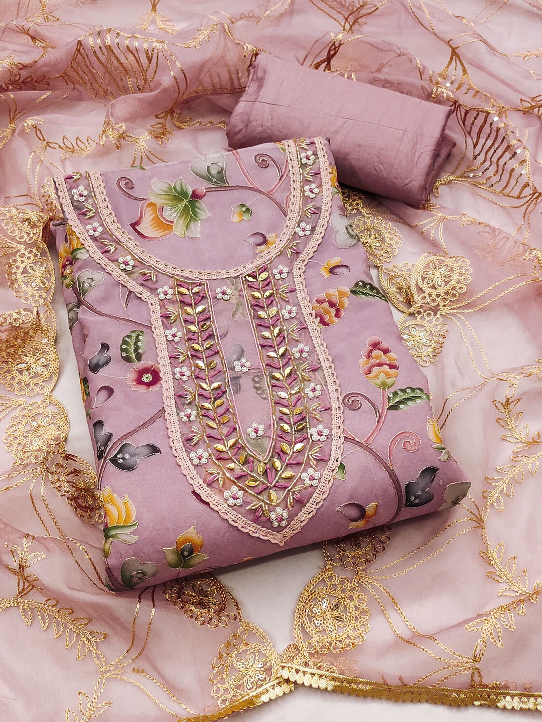 

KALINI Beads and Stones Embroidered Organza Unstitched Dress Material, Pink