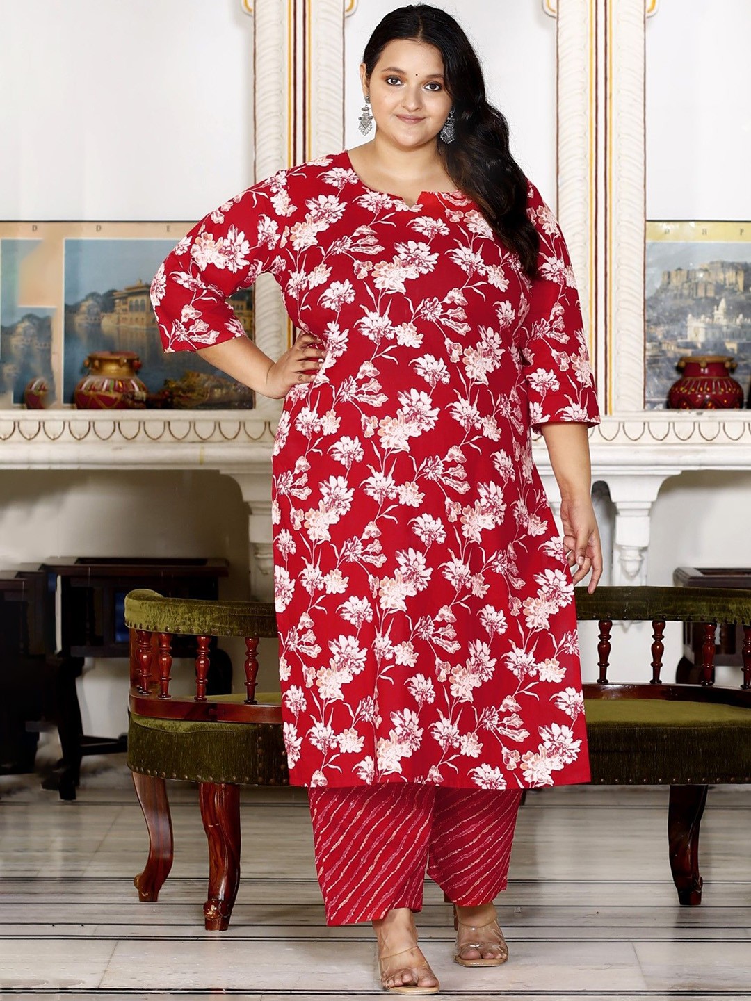 

KALINI Plus Size Floral Printed Notch Neck Pure Cotton Kurta With Trousers & Dupatta, Red