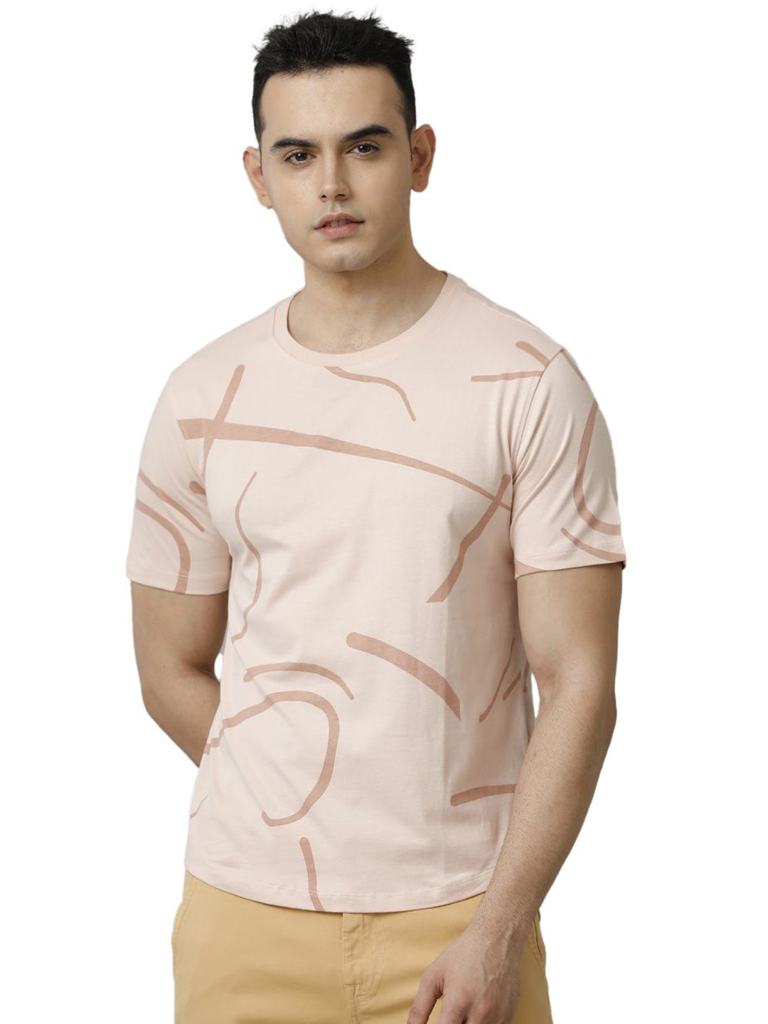 

Voi Jeans Men Abstract Printed Round Neck Cotton T-Shirt, Pink
