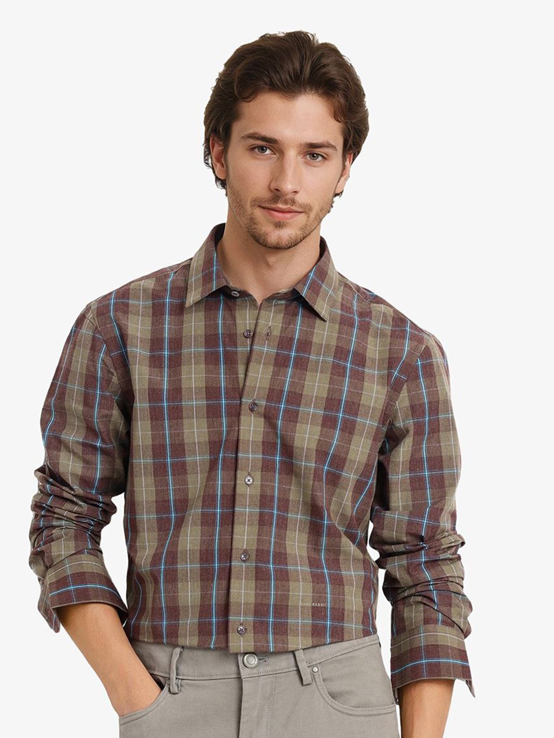 

RARE RABBIT Men Comfort Spread Collar Tartan Checked Cotton Casual Shirt, Brown