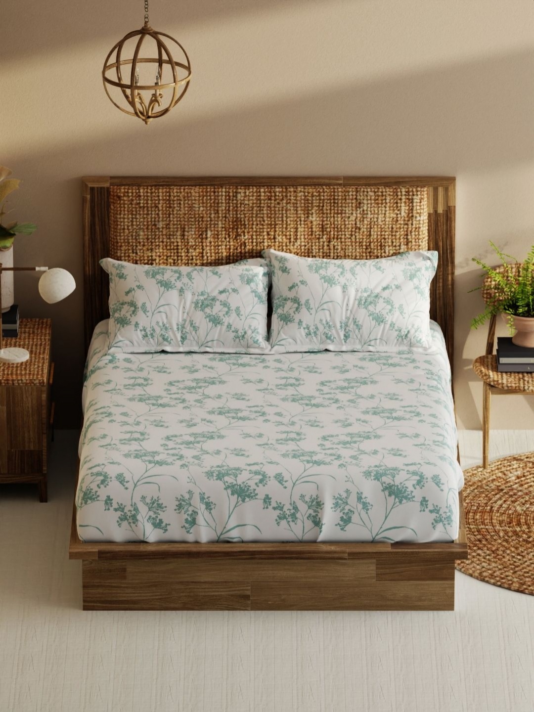 

BIANCA White & Green Floral 210 TC Pure Cotton King Bedsheet with 2 Pillow Covers
