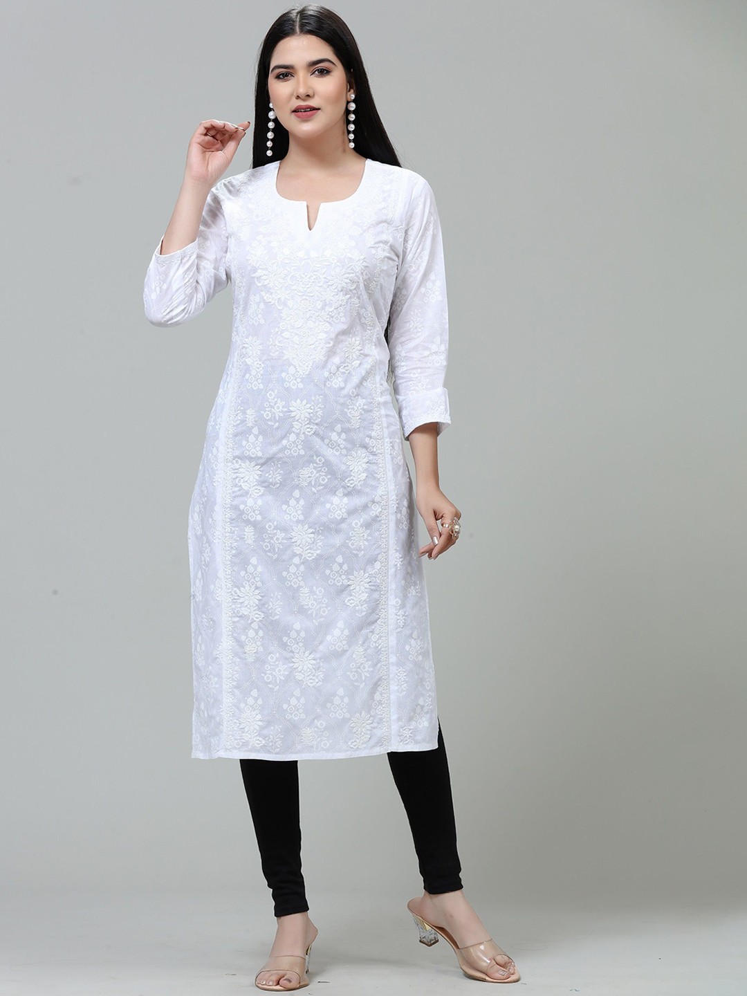 

COTTON CULTURE Floral Embroidered Notch Neck Cotton Straight Kurta, White