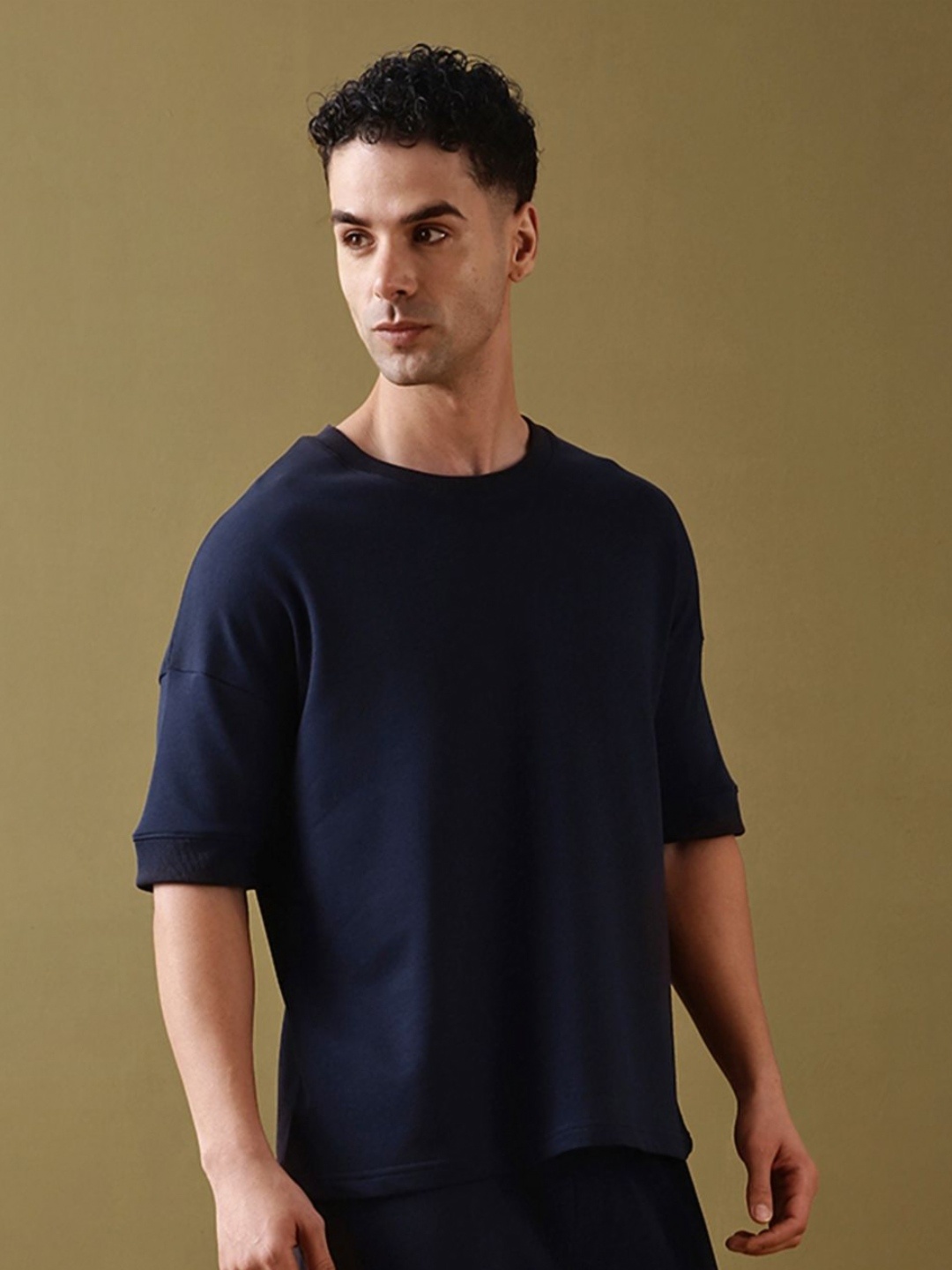 

DILLINGER Men Solid Round Neck Cotton Oversized T-shirt, Navy blue