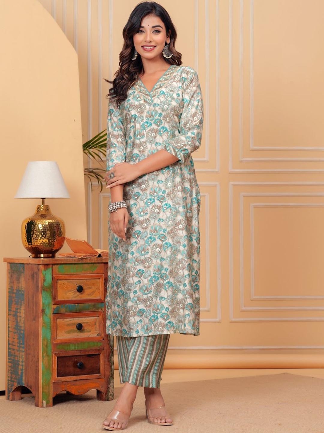 

KALINI Floral Printed Pure Silk Straight Kurta with Trousers, Blue