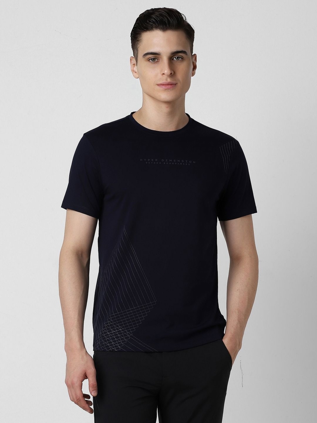

Van Heusen Flex Men Graphic Printed Round Neck Cotton Slim Fit T-shirt, Navy blue