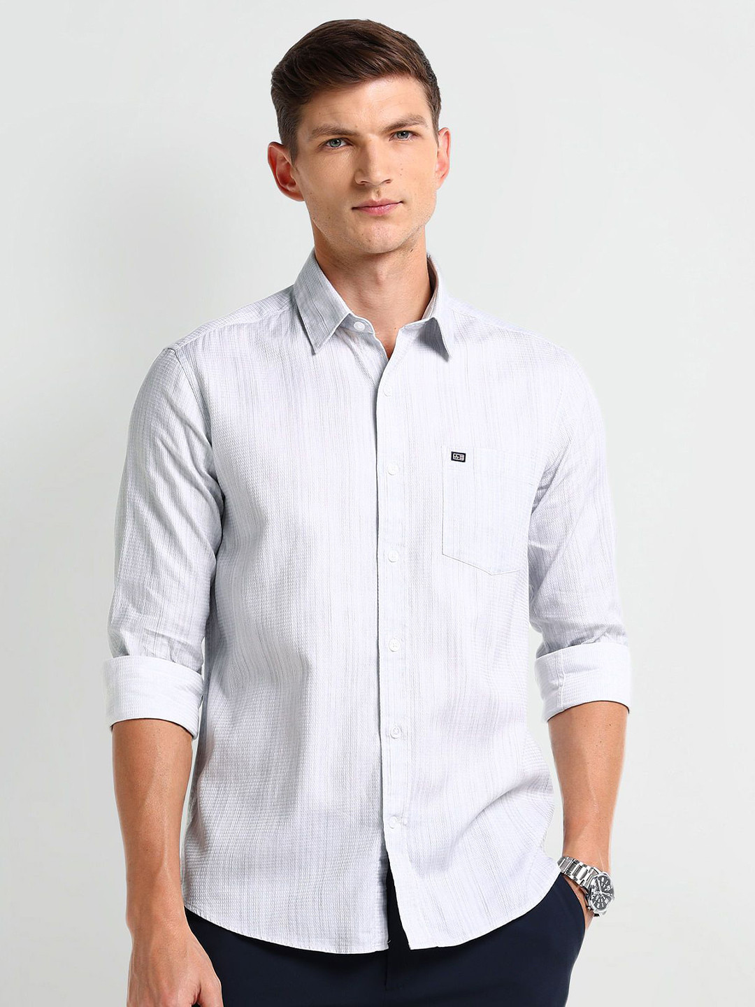 

Arrow Men Modern Spread Collar Solid Cotton Slim Fit Casual Shirt, Grey
