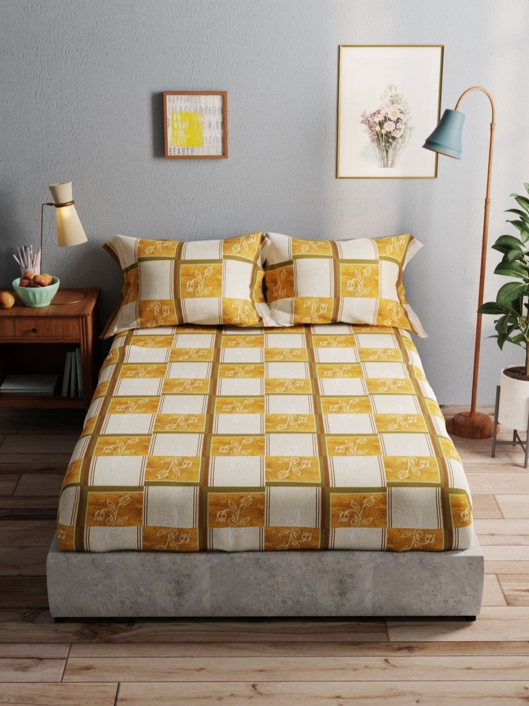 

BIANCA Mustard Yellow & White Geometric 140 TC Cotton Queen Bedsheet with 2 Pillow Covers